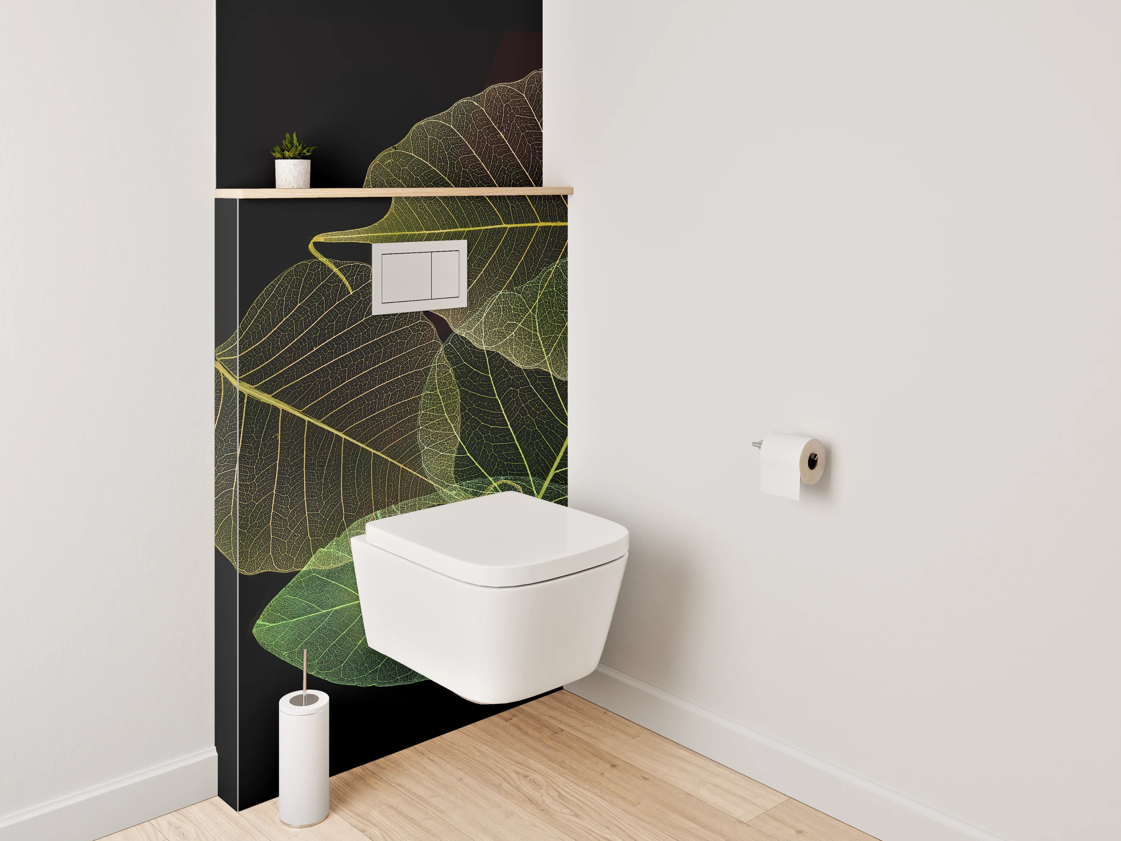WC-Rückwand - Transparente Blätter auf Schwarz