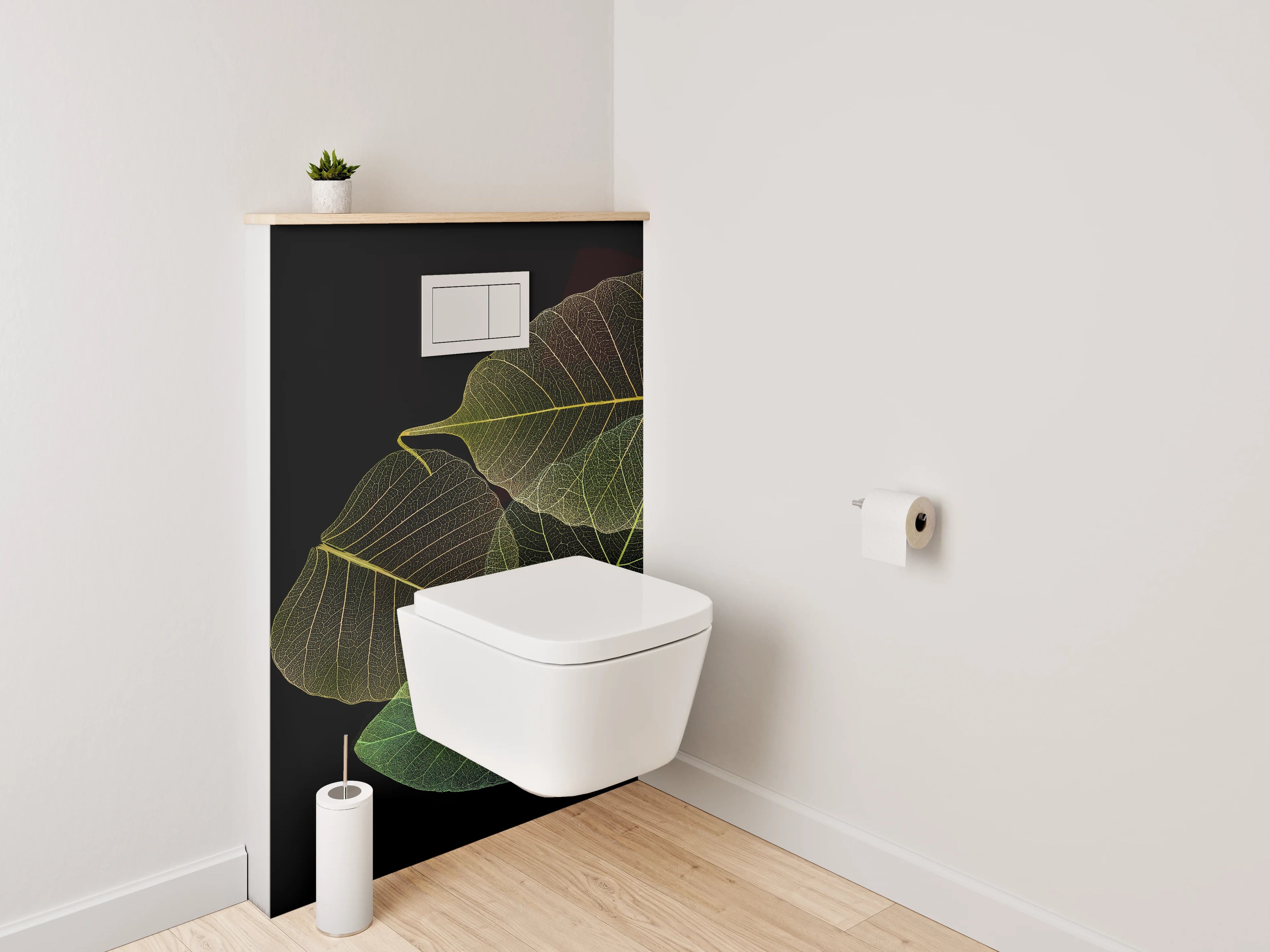 WC-Rückwand - Transparente Blätter auf Schwarz