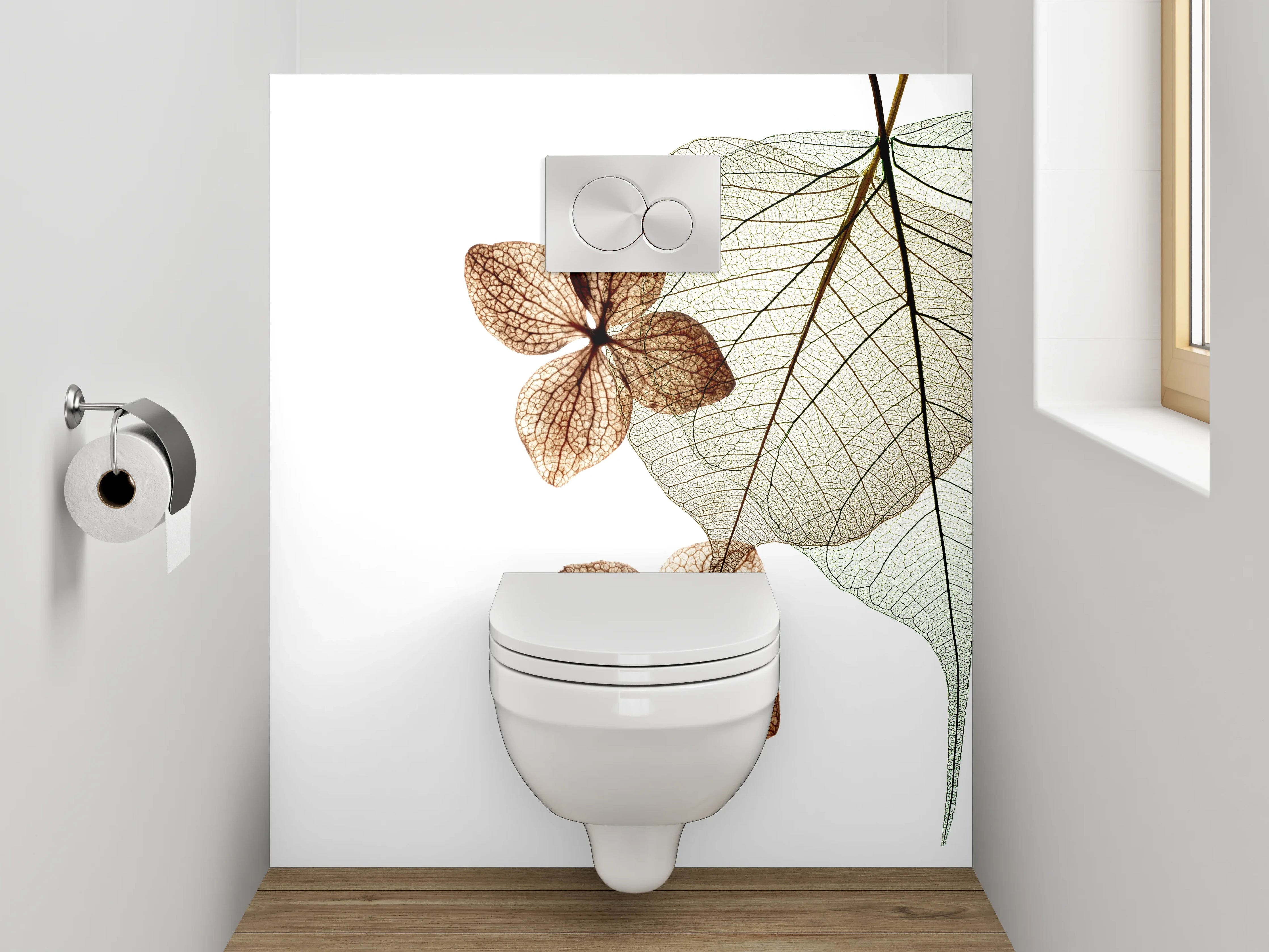 WC-Rückwand - Transparente Blätter auf Weiß
