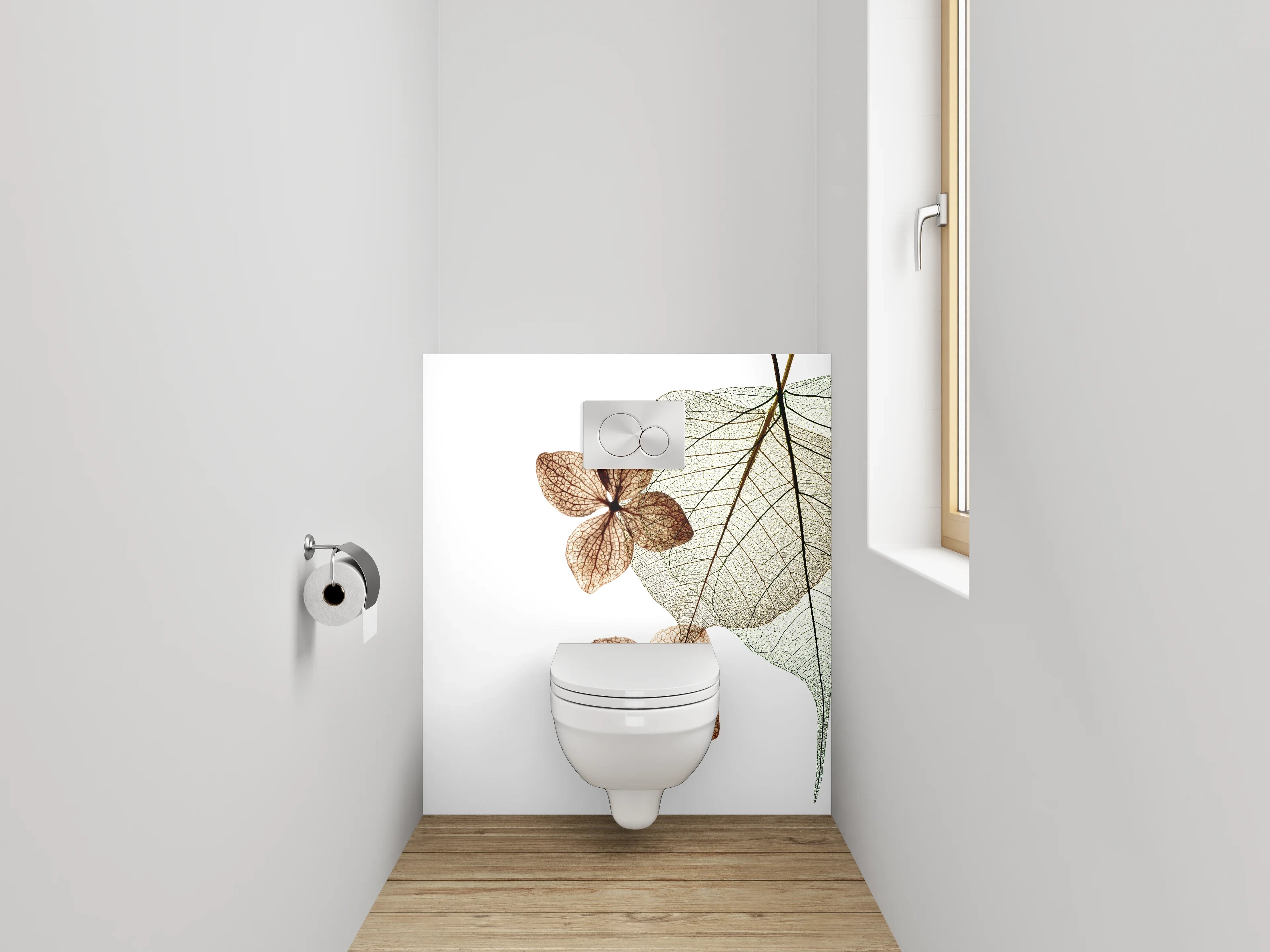 WC-Rückwand - Transparente Blätter auf Weiß