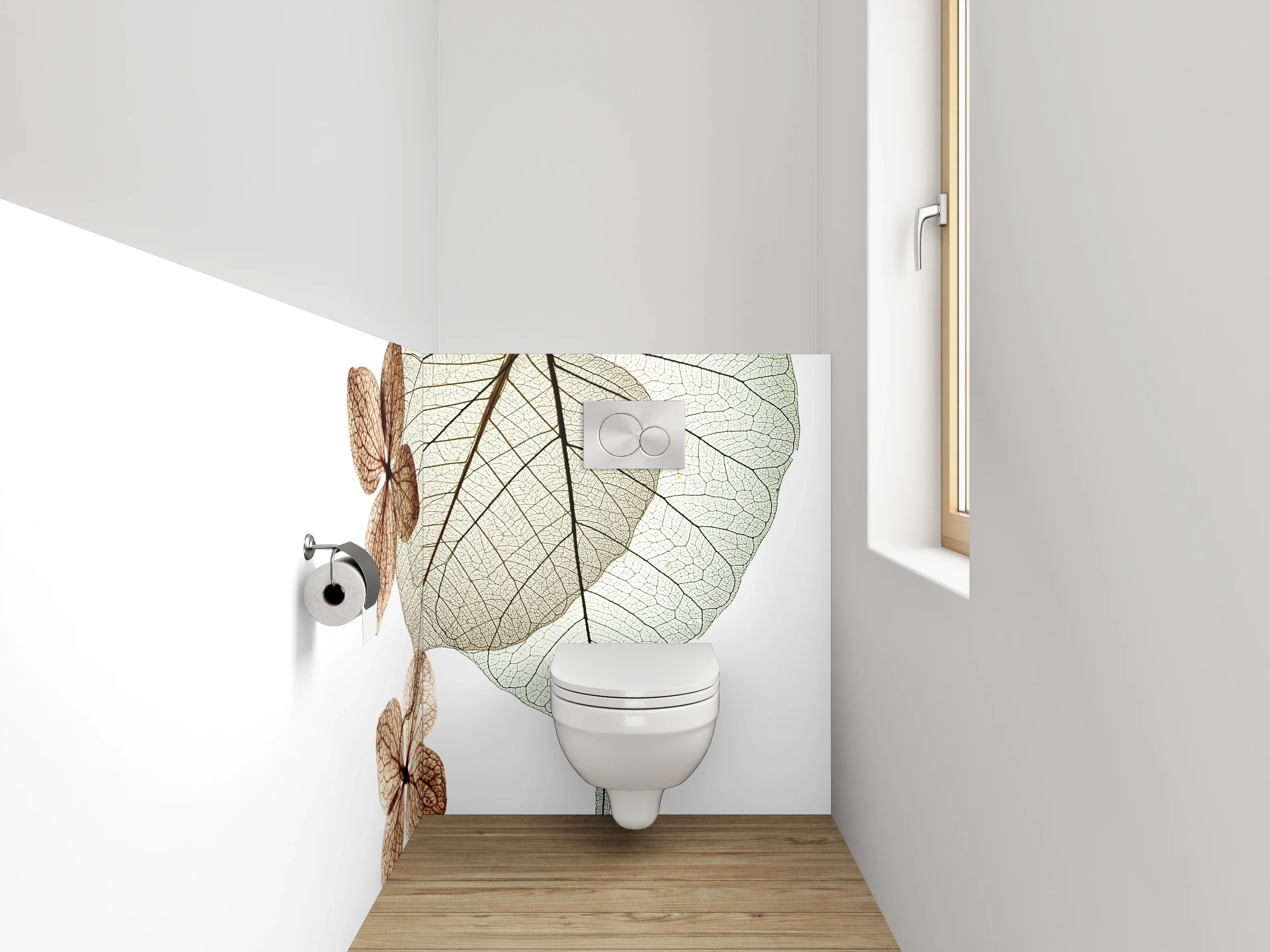 WC-Rückwand - Transparente Blätter auf Weiß