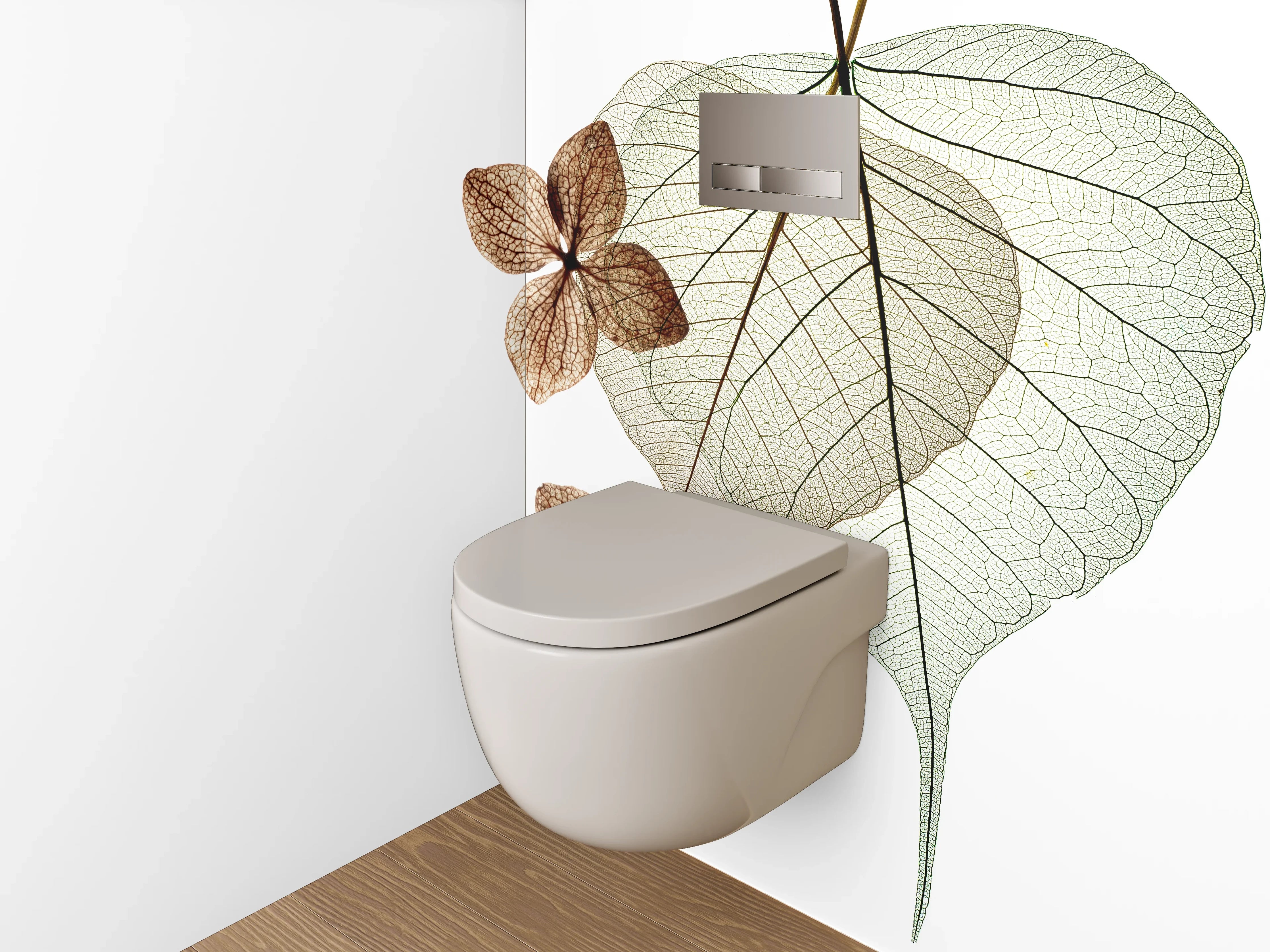 WC-Rückwand - Transparente Blätter auf Weiß