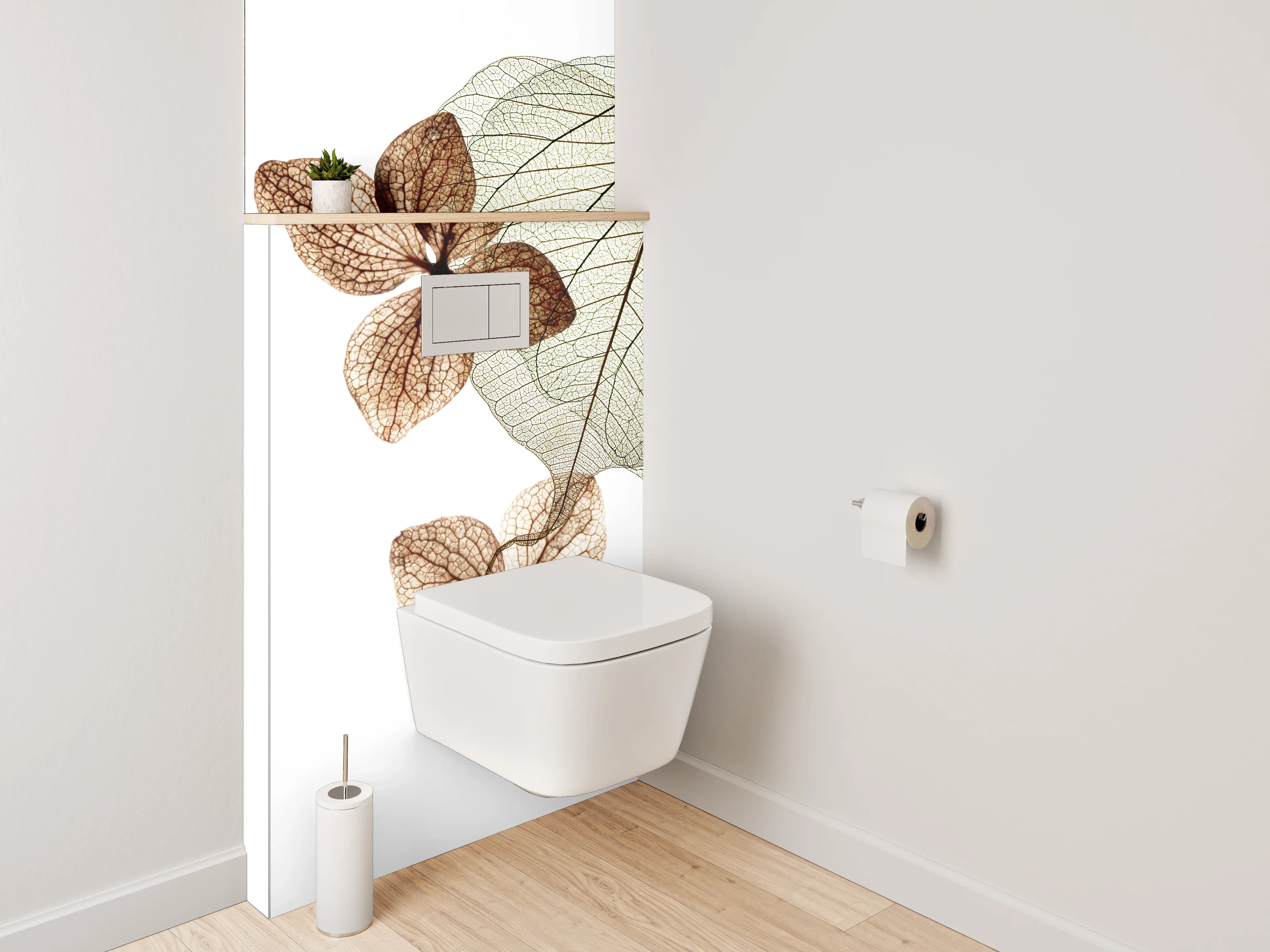 WC-Rückwand - Transparente Blätter auf Weiß