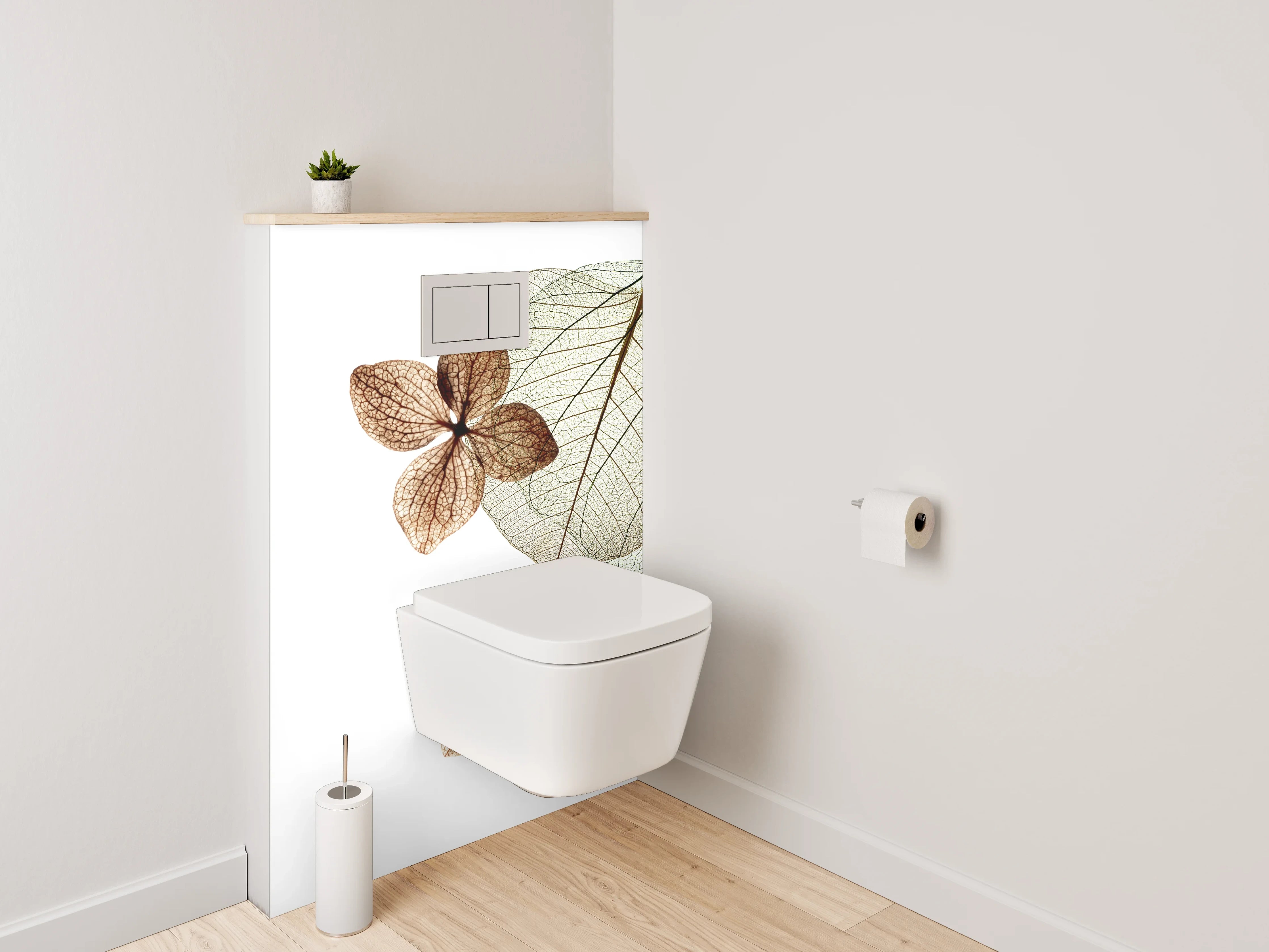 WC-Rückwand - Transparente Blätter auf Weiß