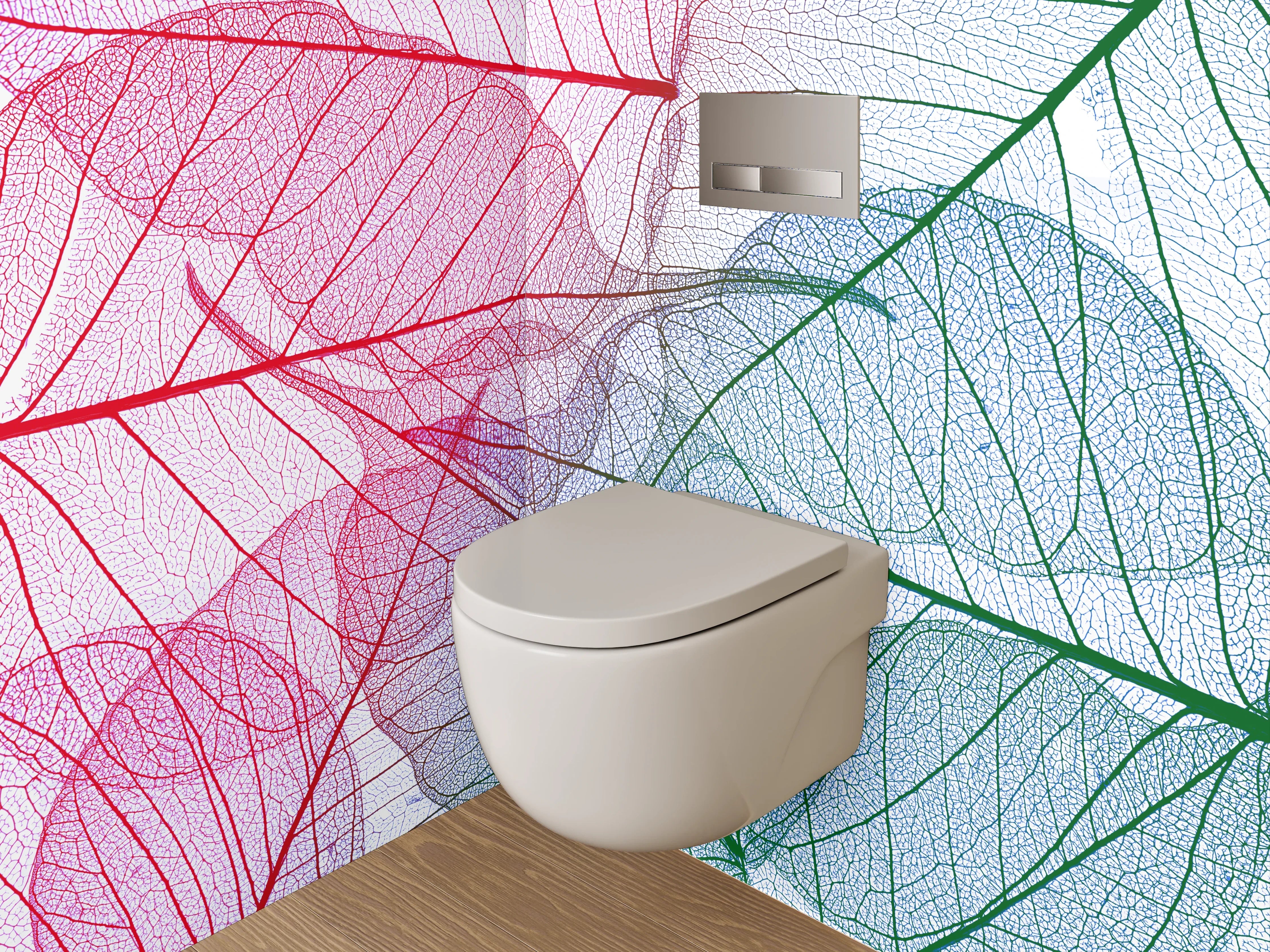 WC-Rückwand - Transparente filigrane Blätter Rot Grün Blau