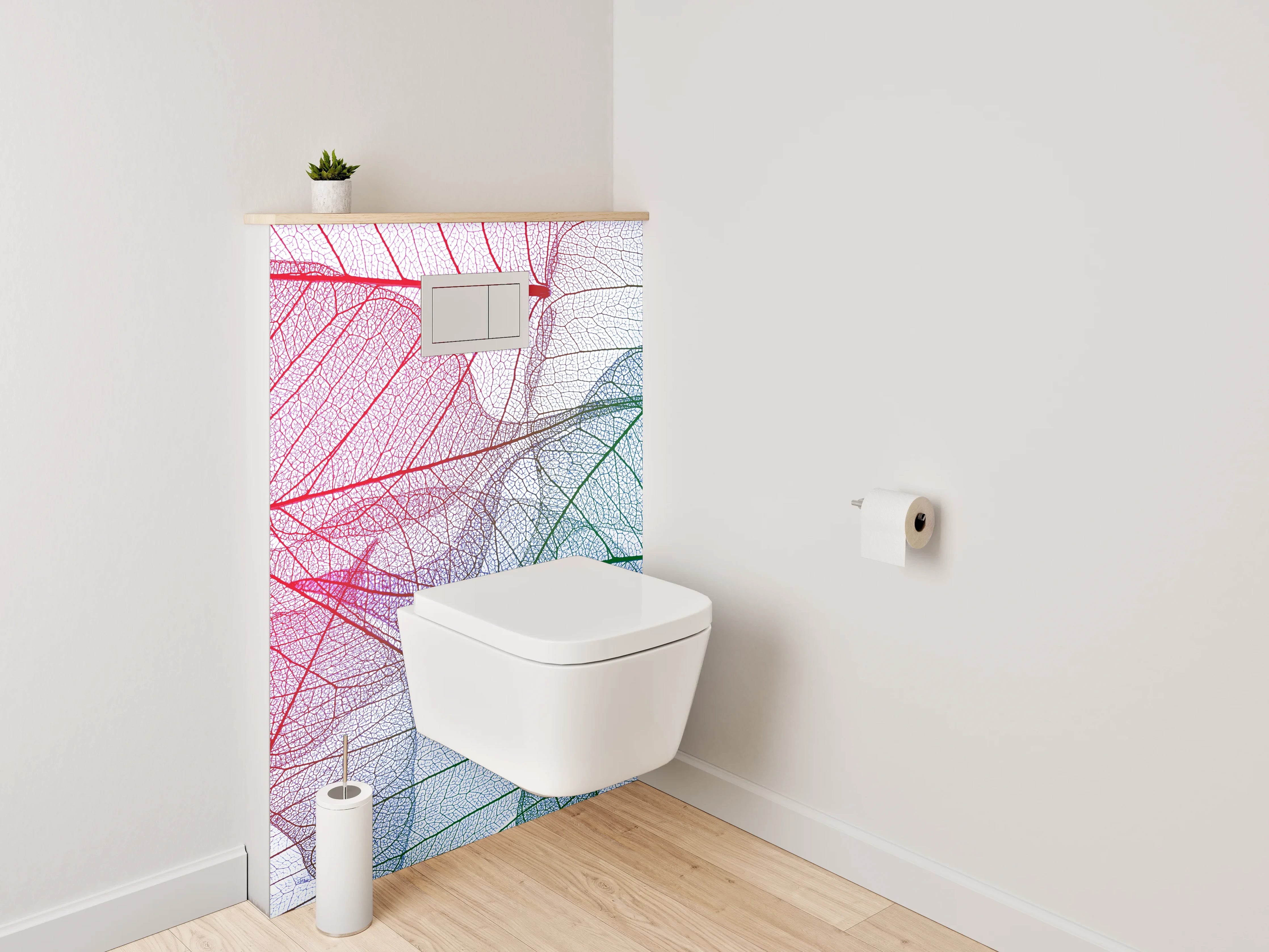 WC-Rückwand - Transparente filigrane Blätter Rot Grün Blau
