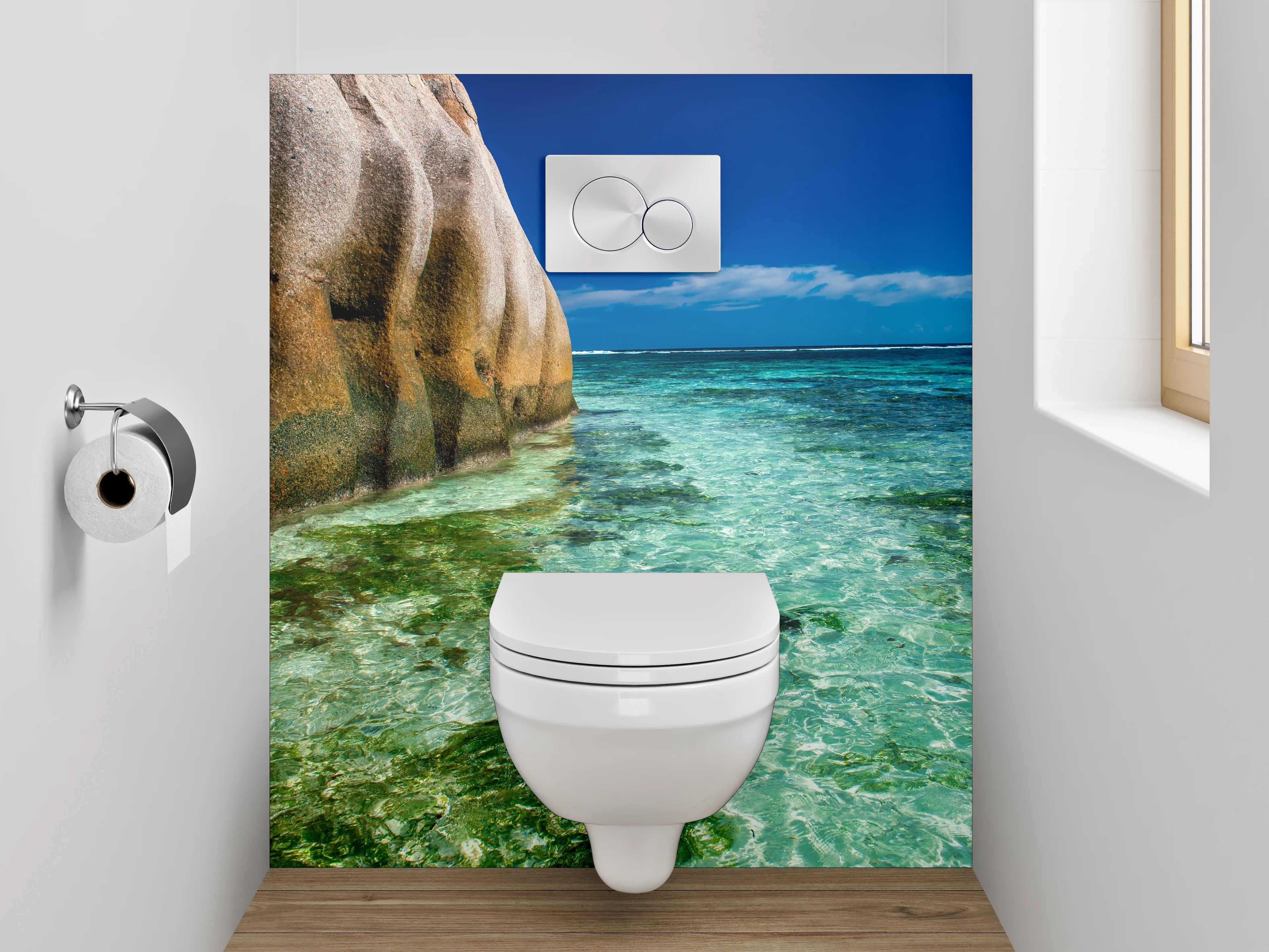 WC-Rückwand - Traumhafte Strandlandschaft mit Felsen