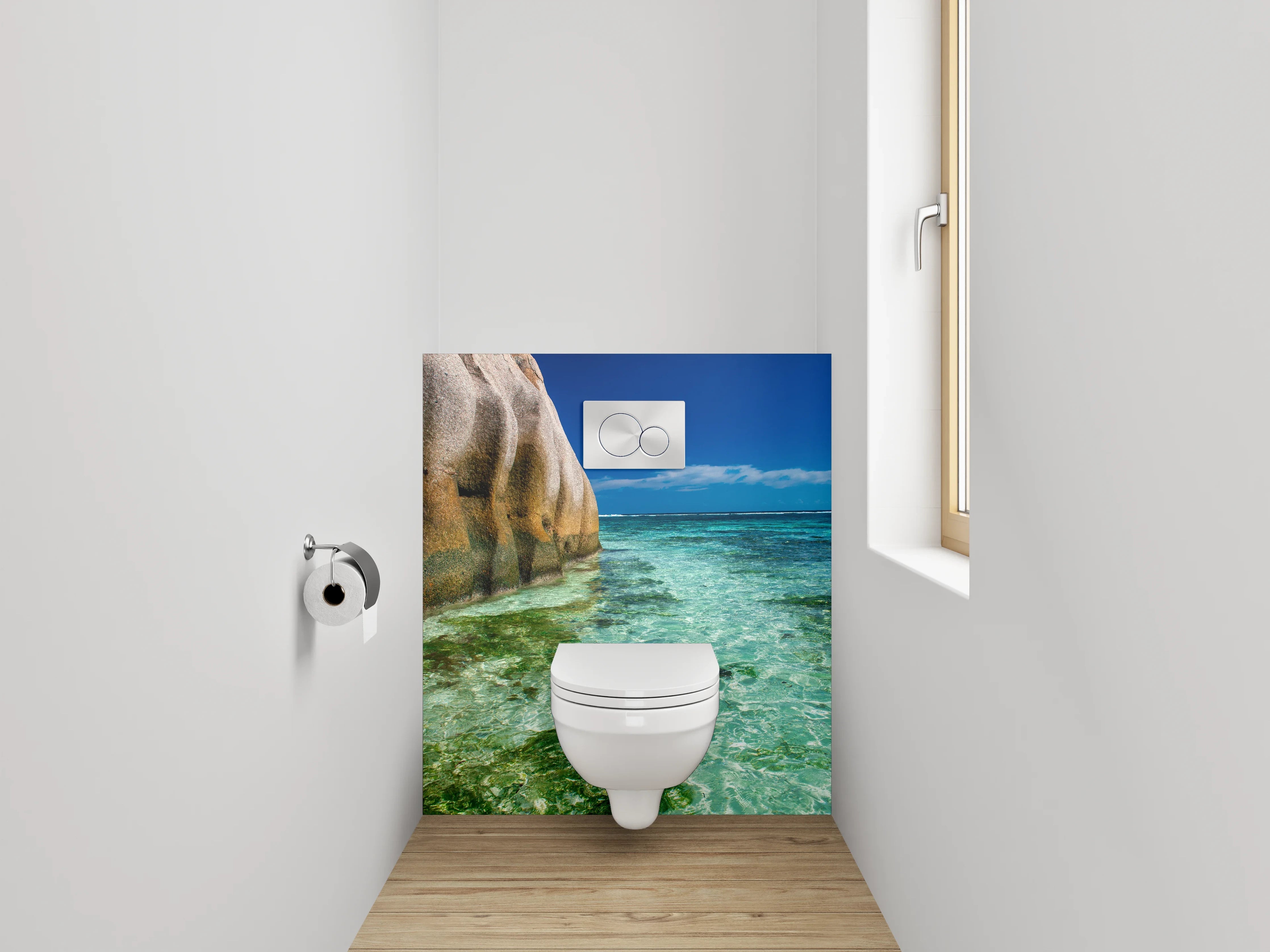 WC-Rückwand - Traumhafte Strandlandschaft mit Felsen