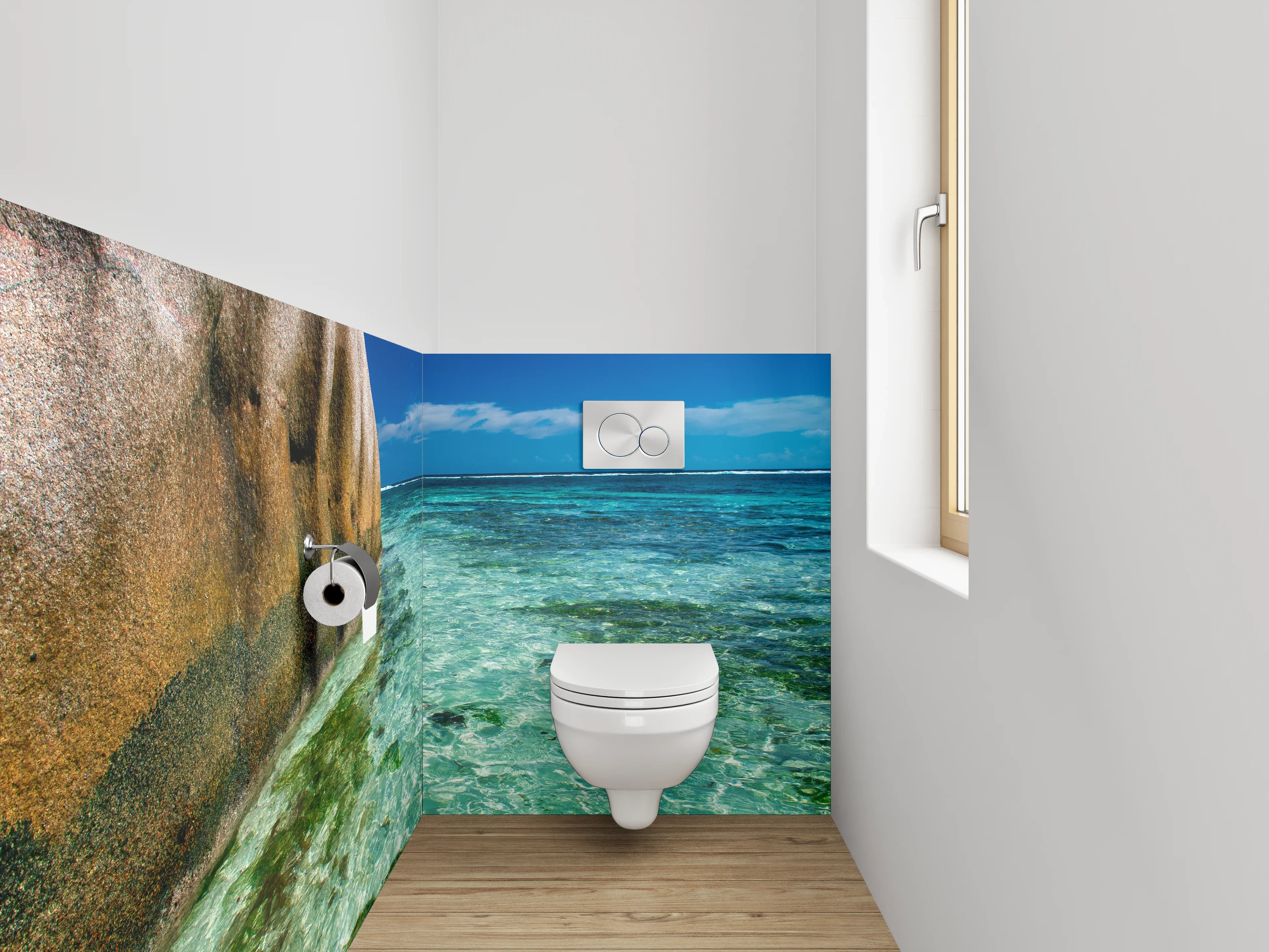 WC-Rückwand - Traumhafte Strandlandschaft mit Felsen