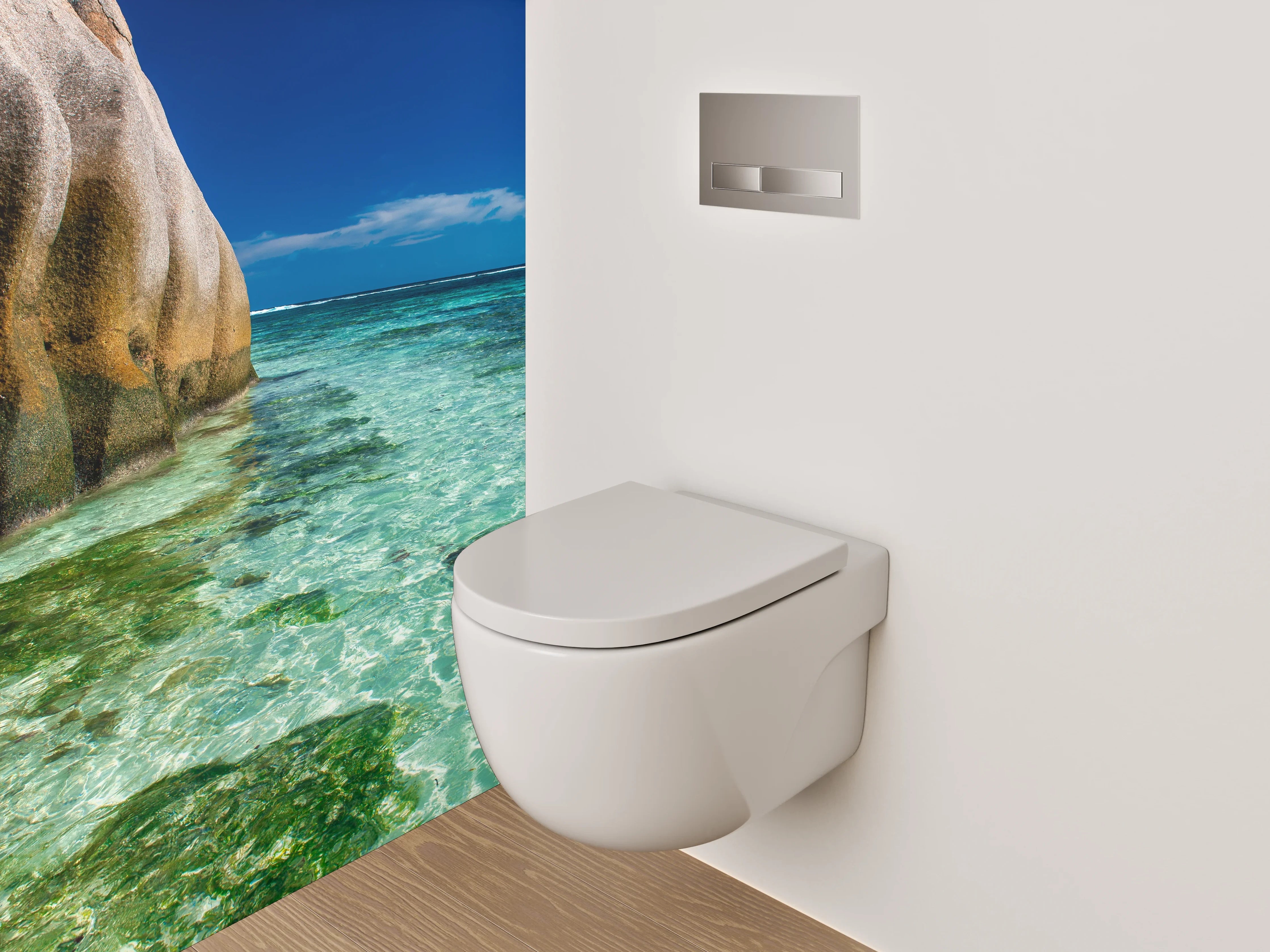WC-Rückwand - Traumhafte Strandlandschaft mit Felsen
