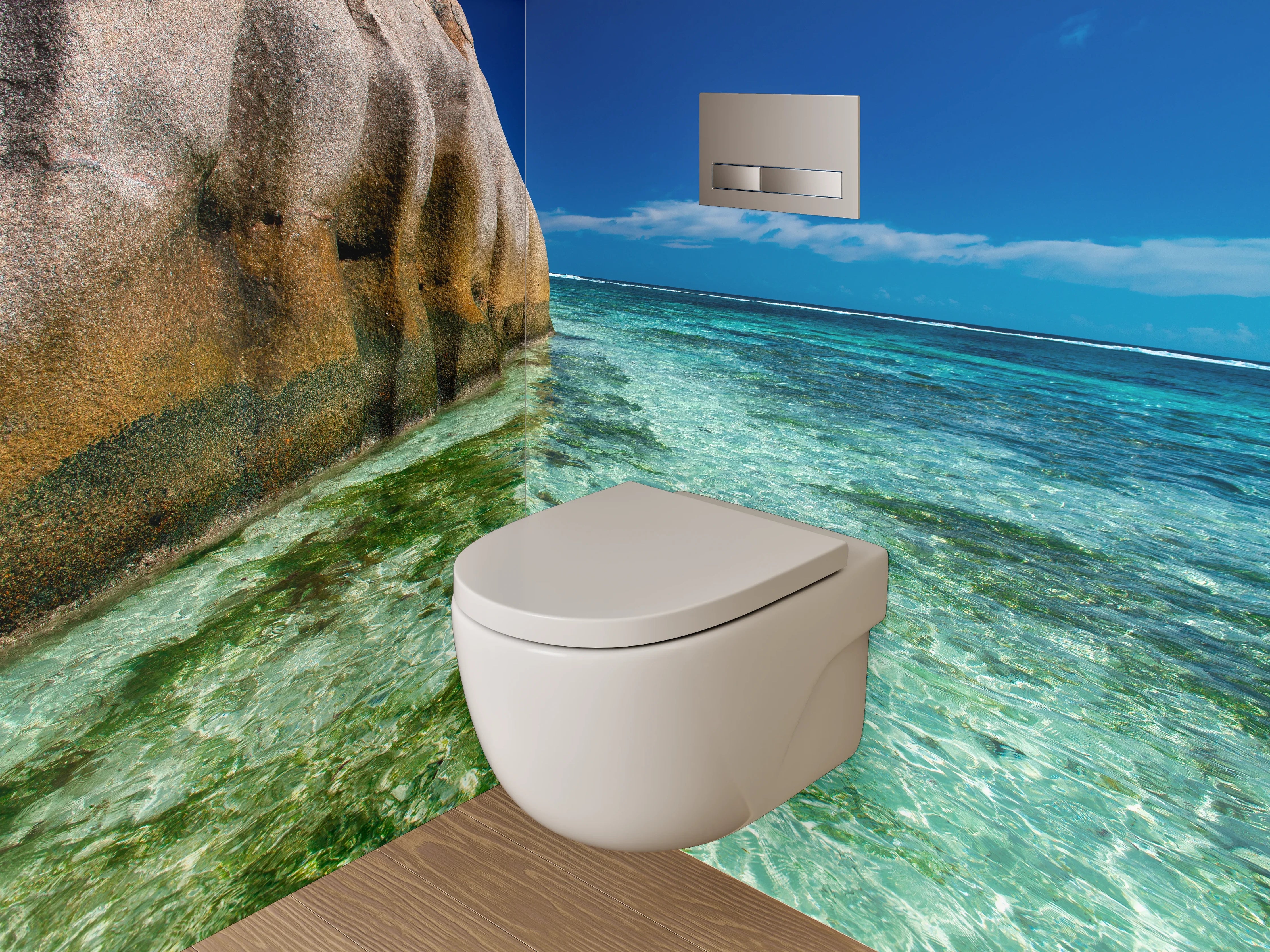 WC-Rückwand - Traumhafte Strandlandschaft mit Felsen