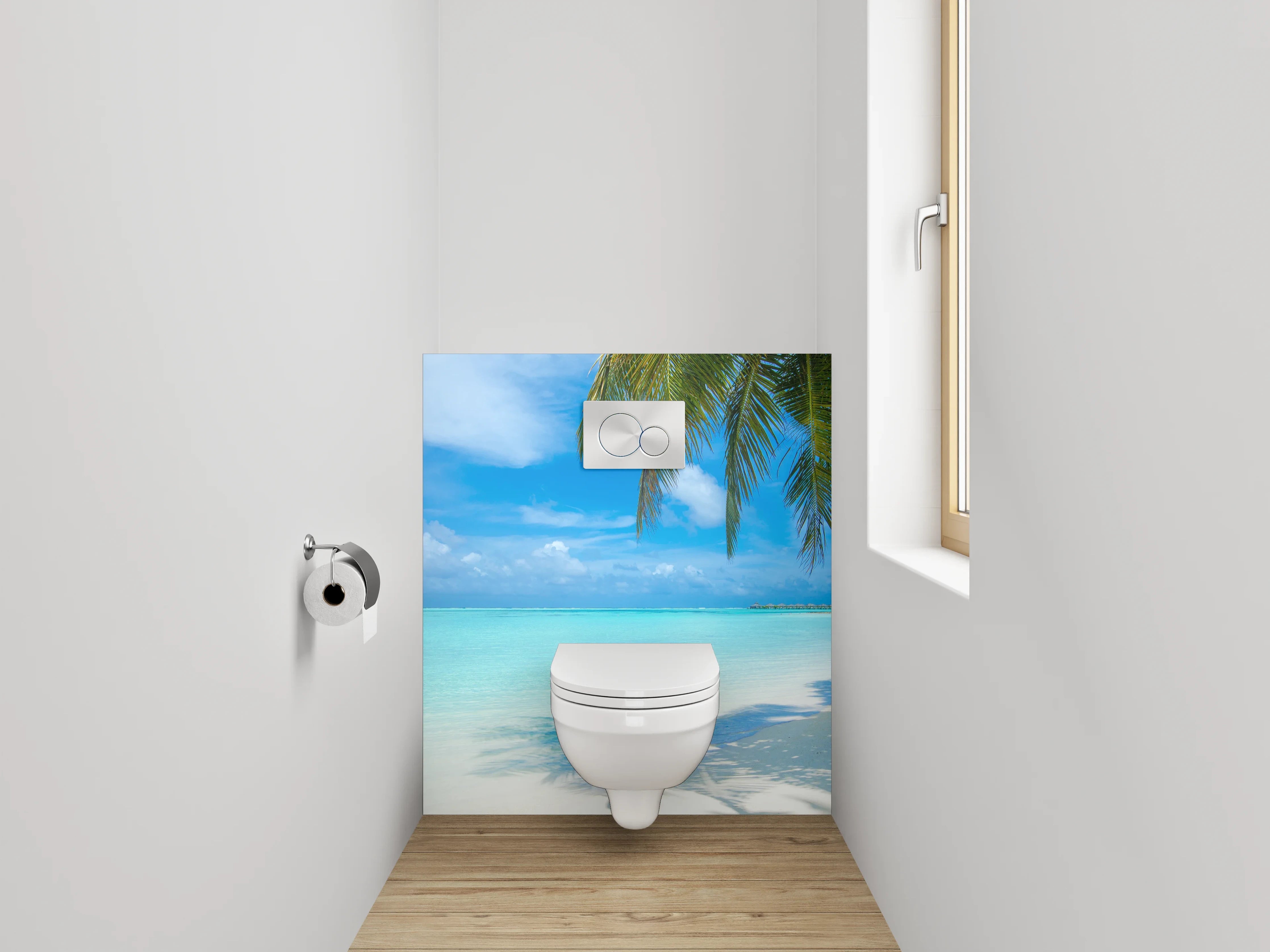 WC-Rückwand - Traumhafter Karibikstrand – Türkis & Palmen