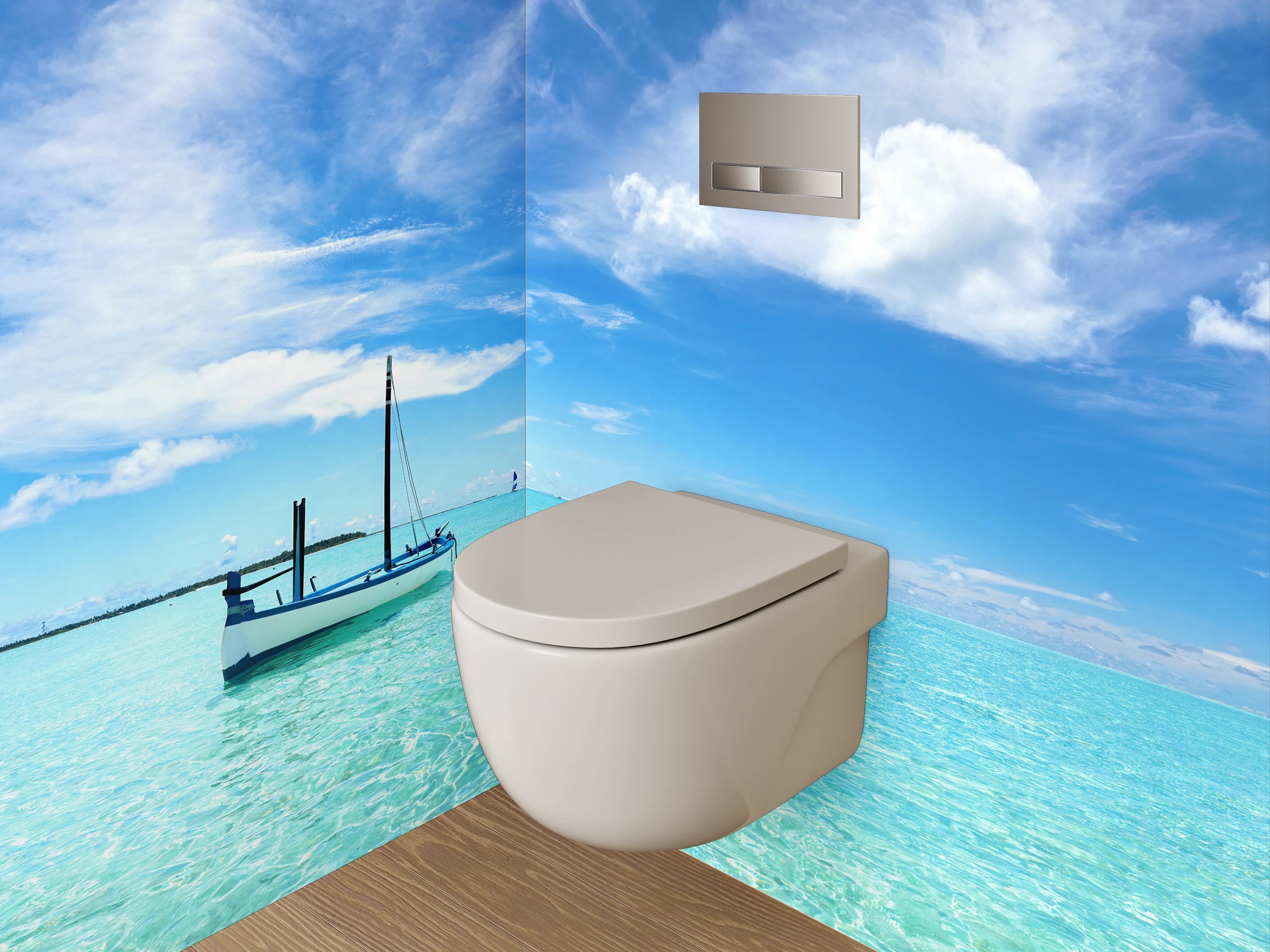 WC-Rückwand - Traumhafter Strand mit Boot