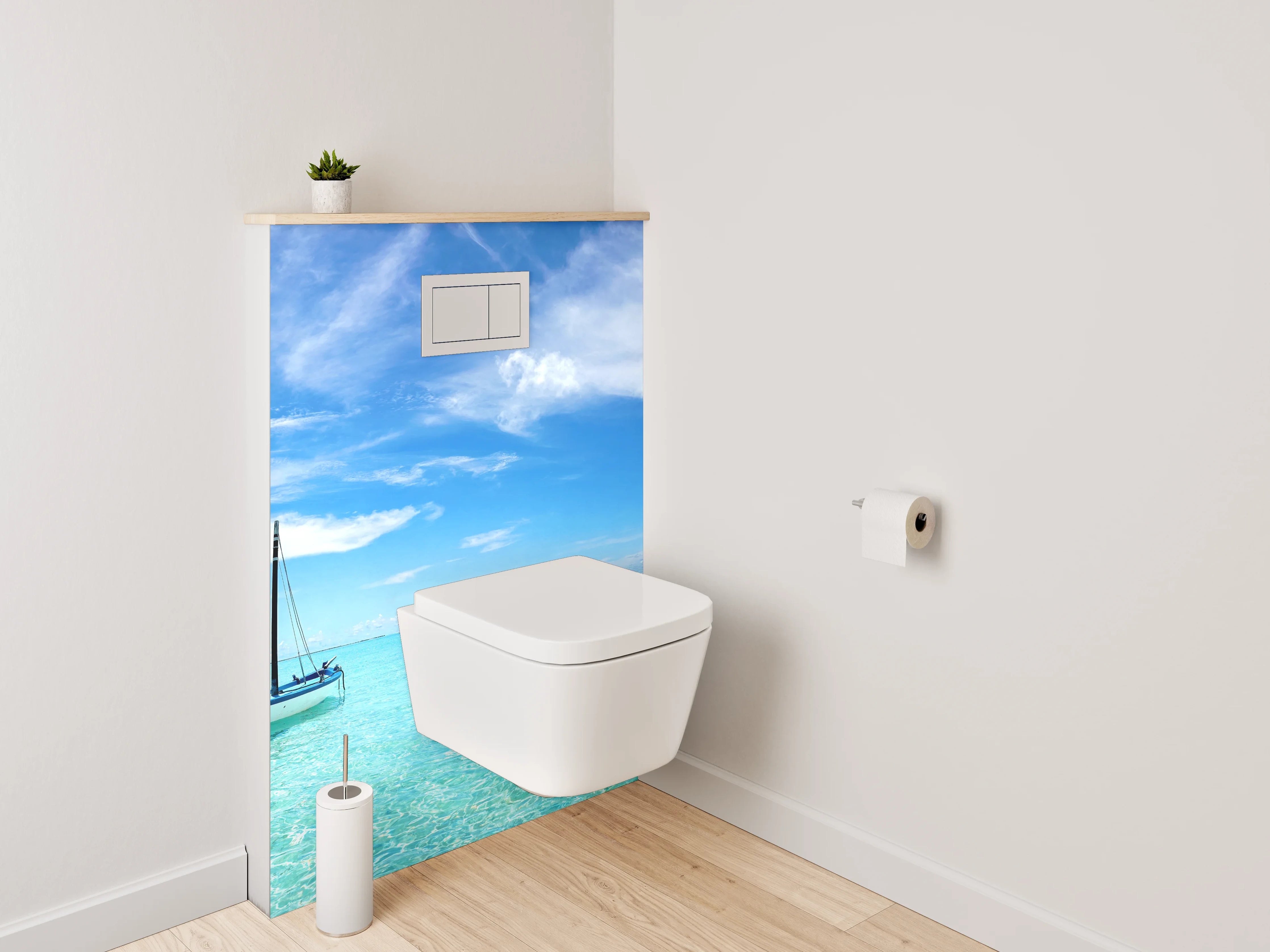 WC-Rückwand - Traumhafter Strand mit Boot