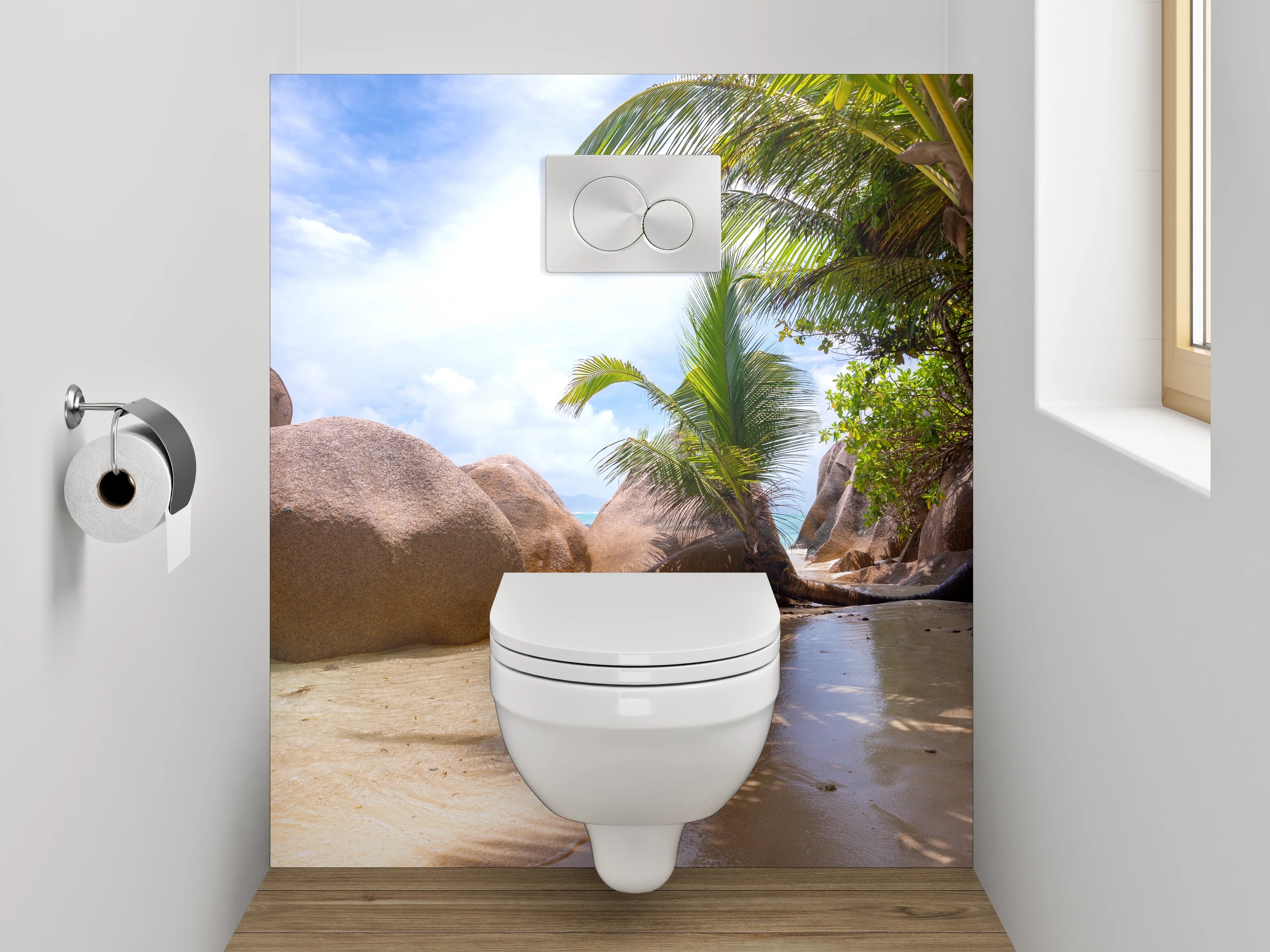 WC-Rückwand - Traumhafter Strand mit Granitfelsen