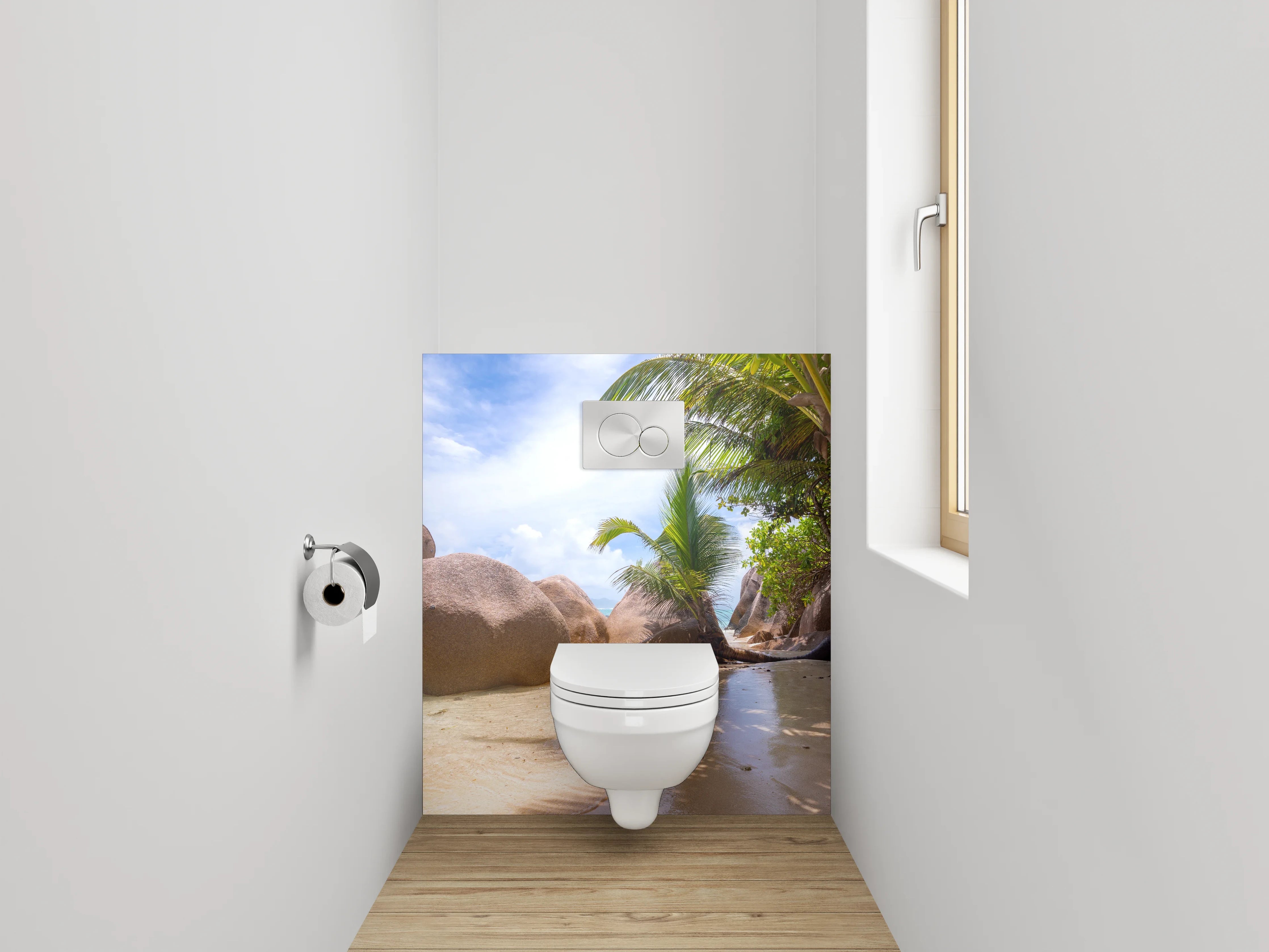 WC-Rückwand - Traumhafter Strand mit Granitfelsen