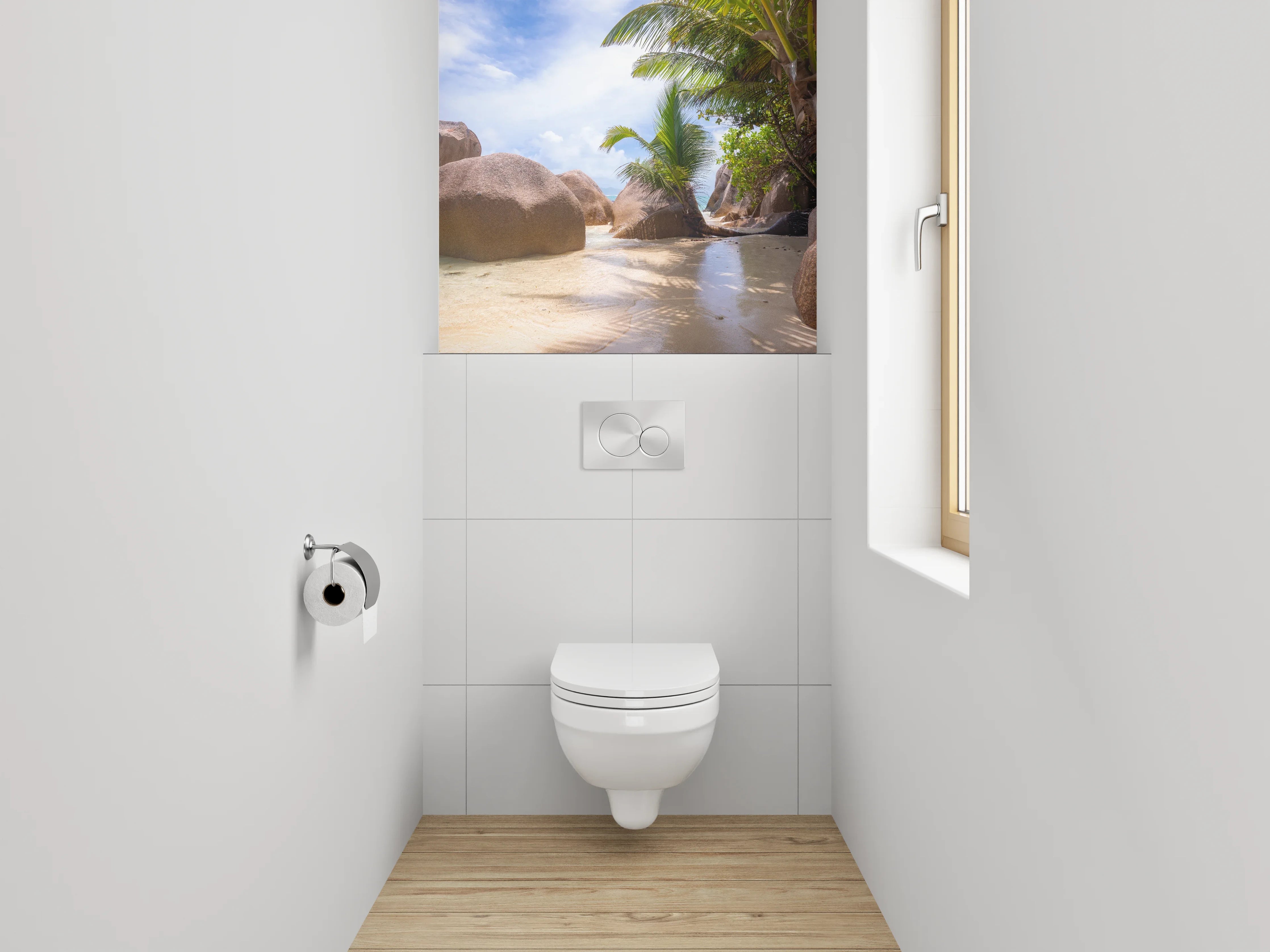WC-Rückwand - Traumhafter Strand mit Granitfelsen