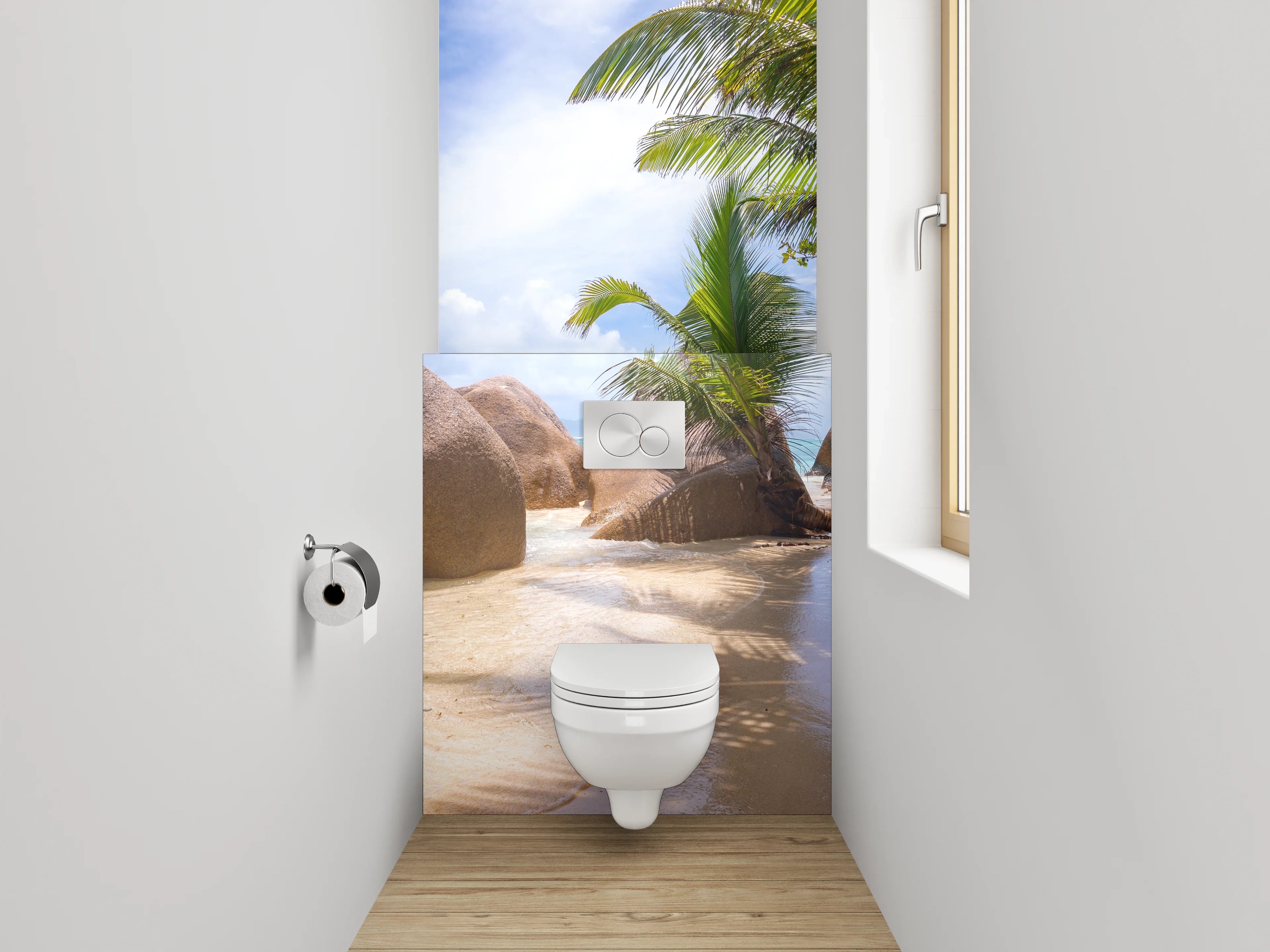 WC-Rückwand - Traumhafter Strand mit Granitfelsen