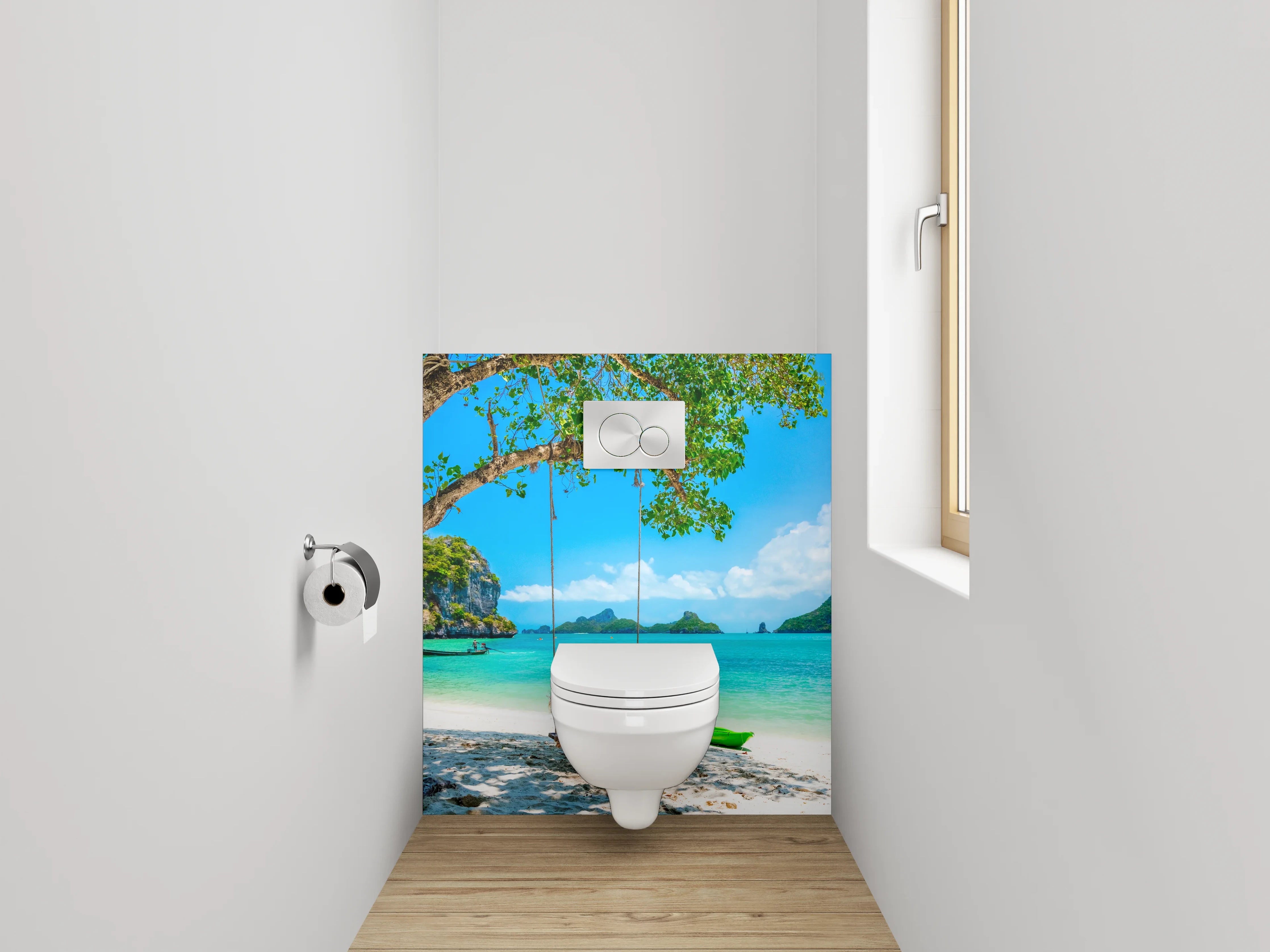 WC-Rückwand - Traumhafter tropischer Strand mit Schaukel