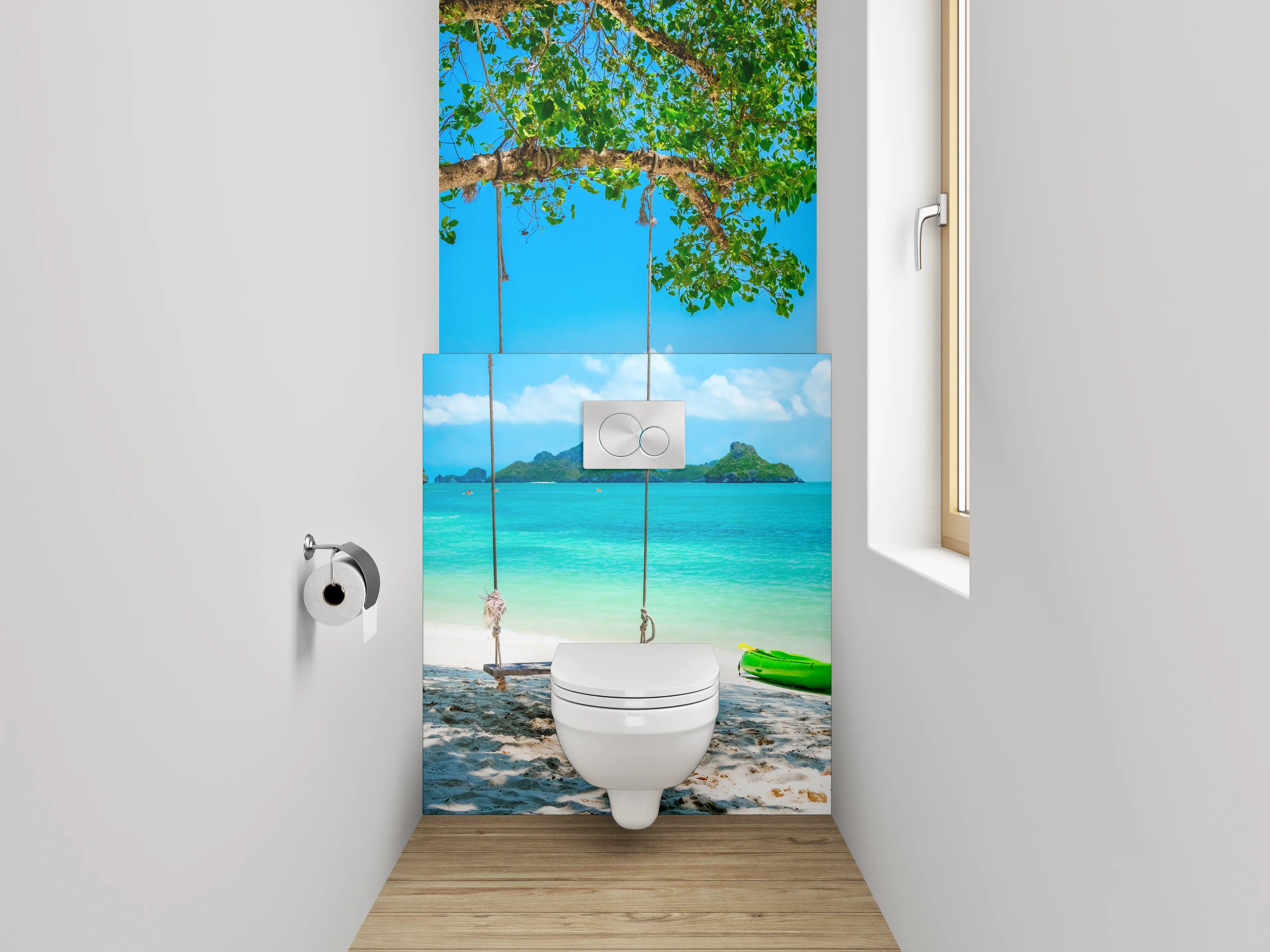 WC-Rückwand - Traumhafter tropischer Strand mit Schaukel