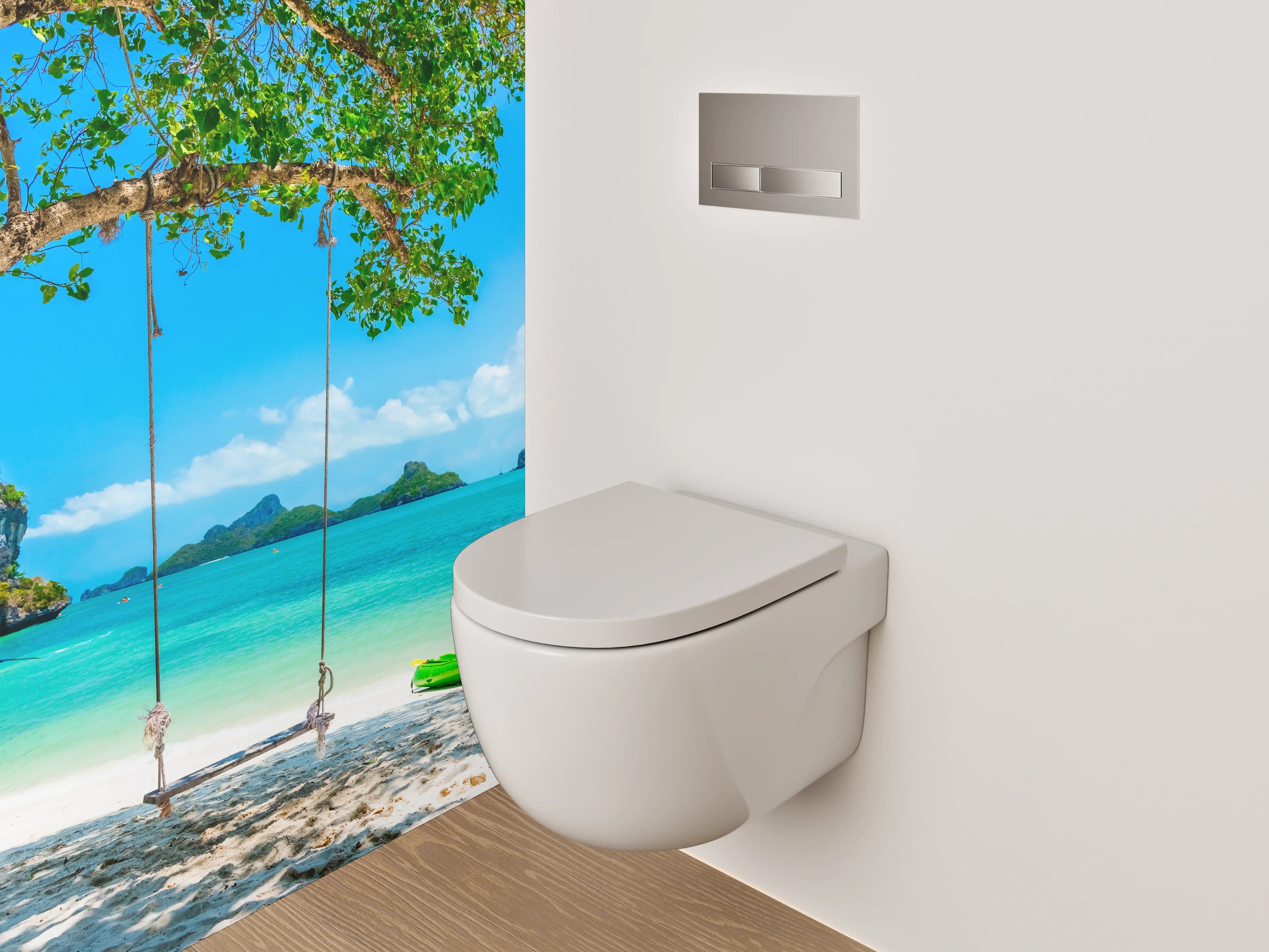 WC-Rückwand - Traumhafter tropischer Strand mit Schaukel