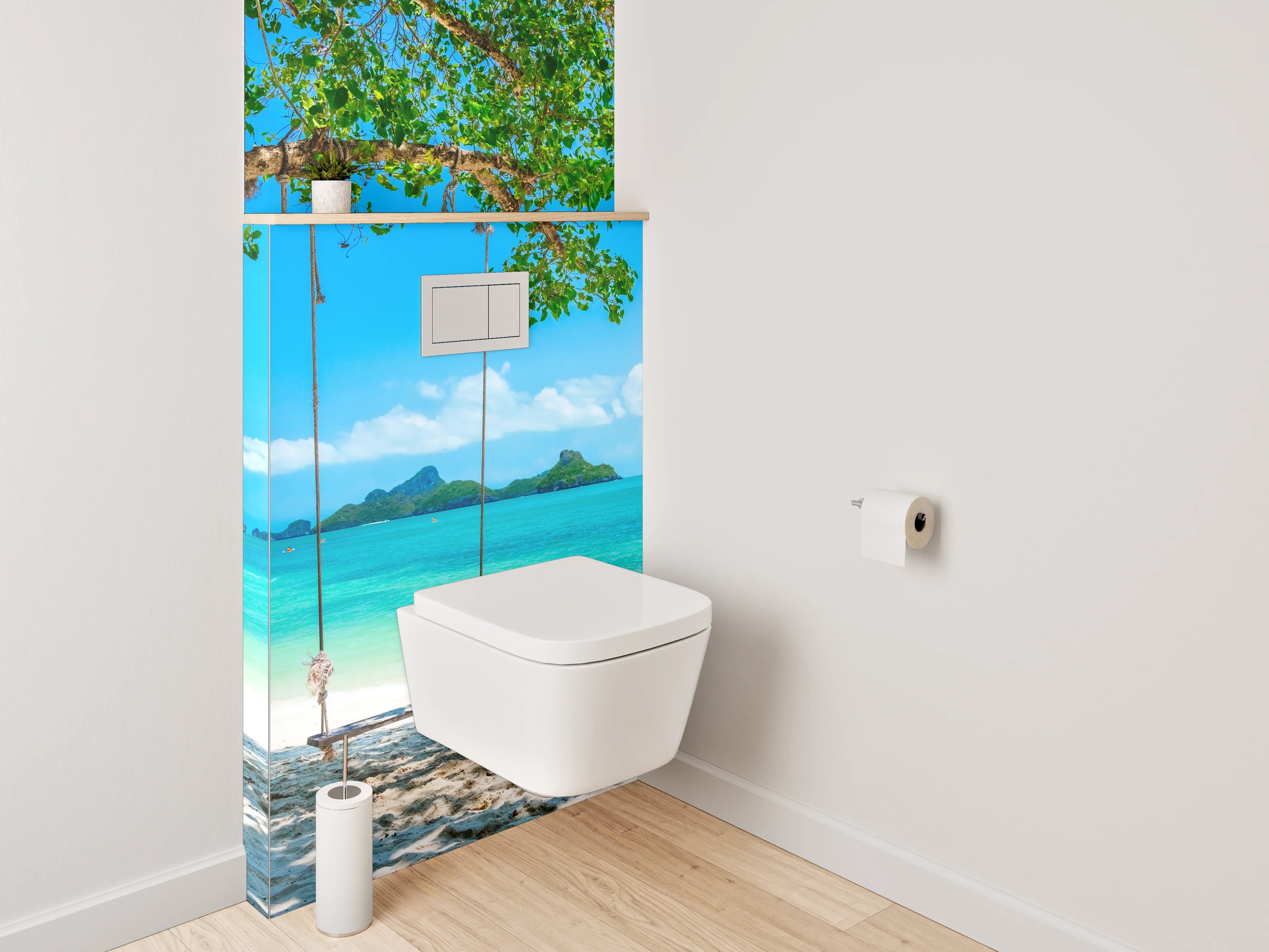 WC-Rückwand - Traumhafter tropischer Strand mit Schaukel