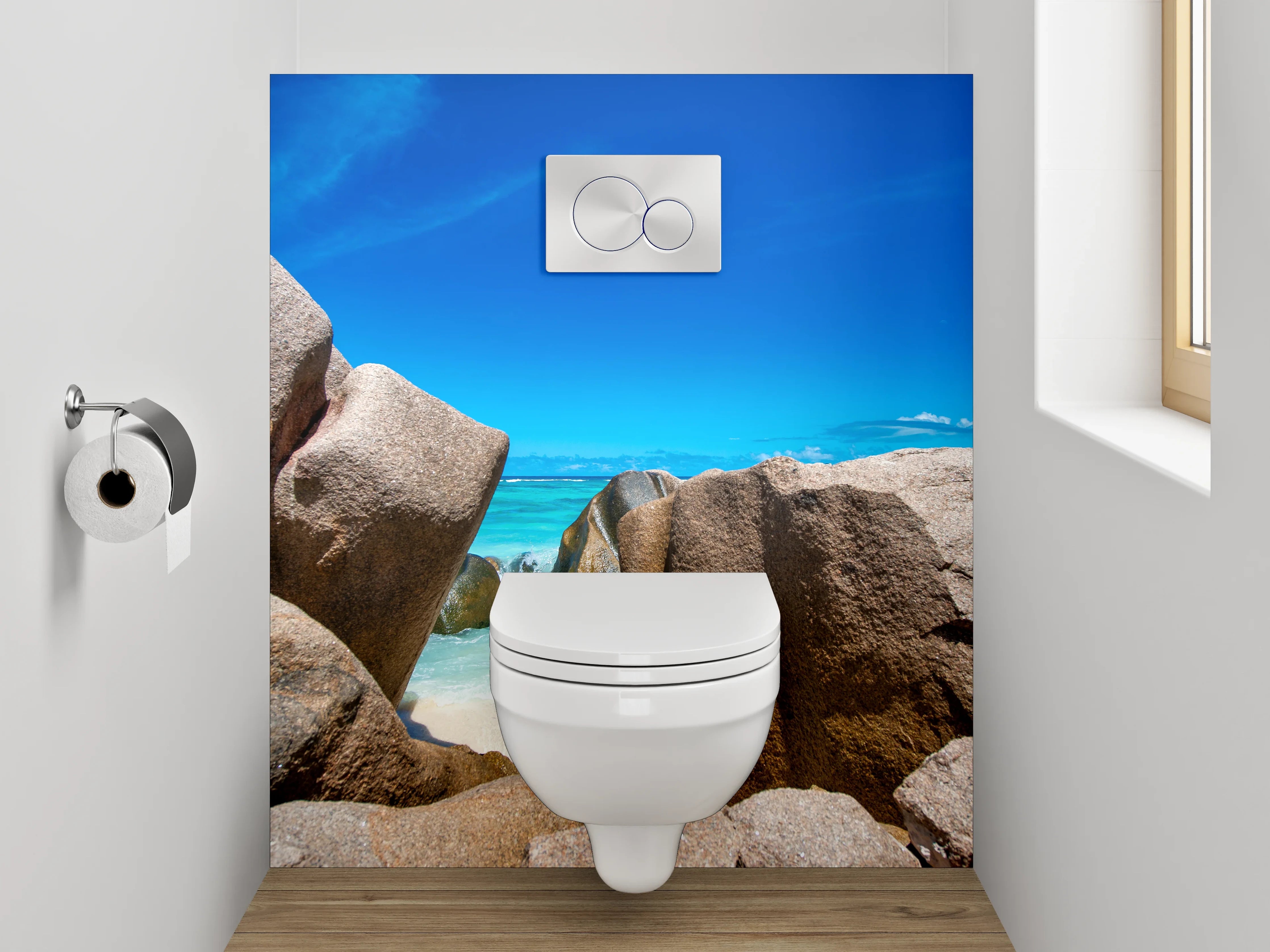 WC-Rückwand - Traumstrand mit Granitfelsen und blauem Himmel