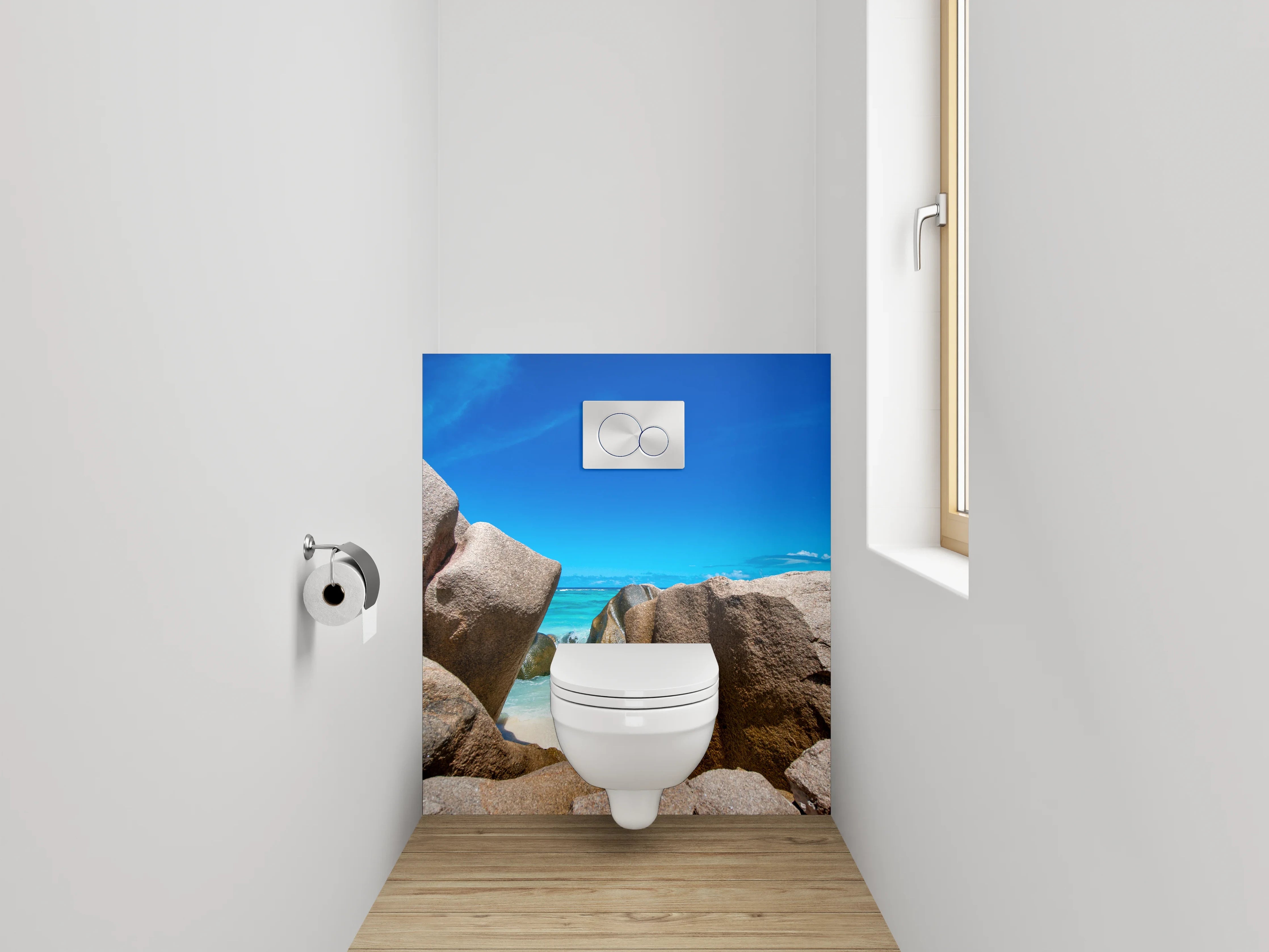 WC-Rückwand - Traumstrand mit Granitfelsen und blauem Himmel