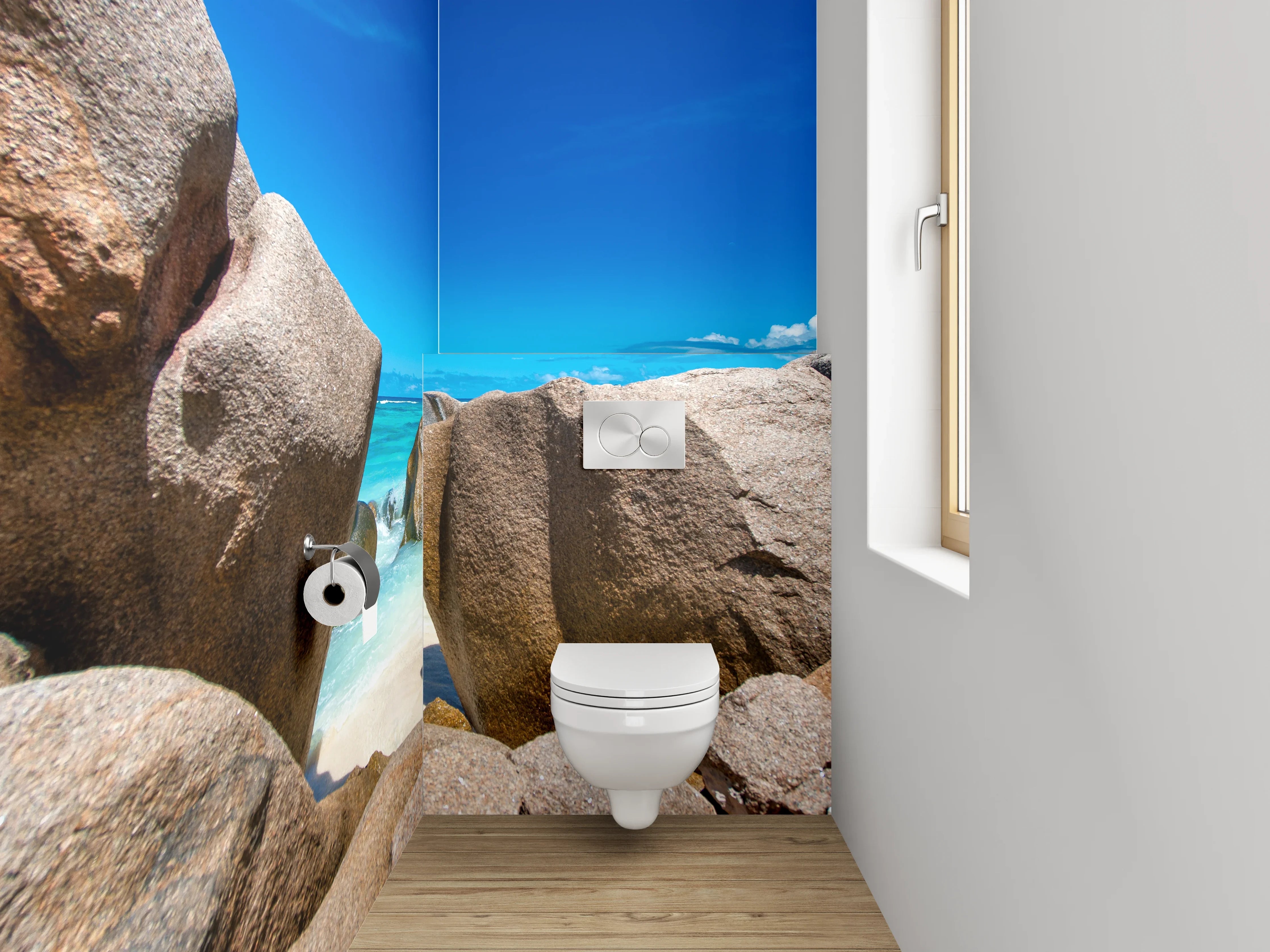 WC-Rückwand - Traumstrand mit Granitfelsen und blauem Himmel