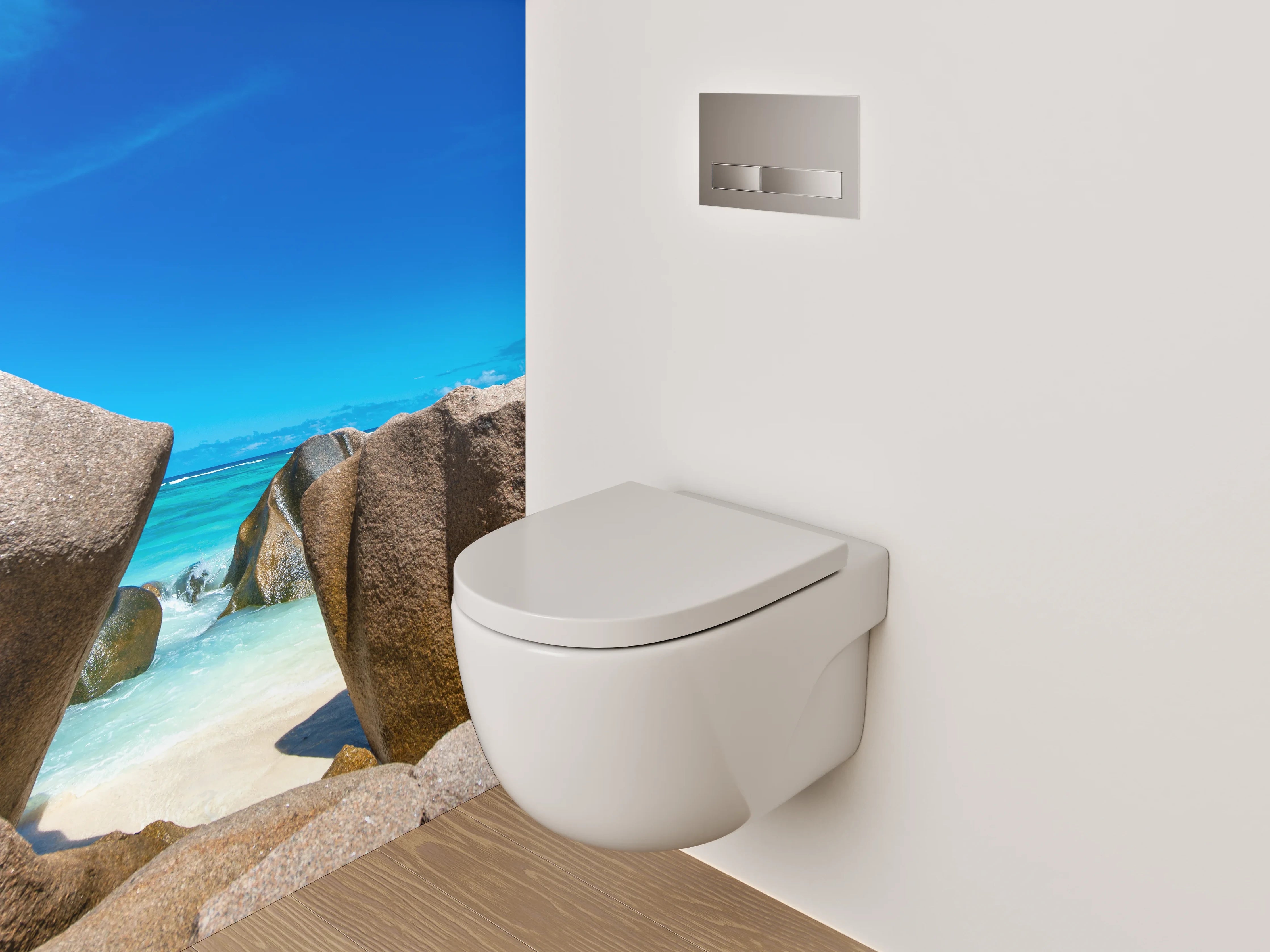 WC-Rückwand - Traumstrand mit Granitfelsen und blauem Himmel