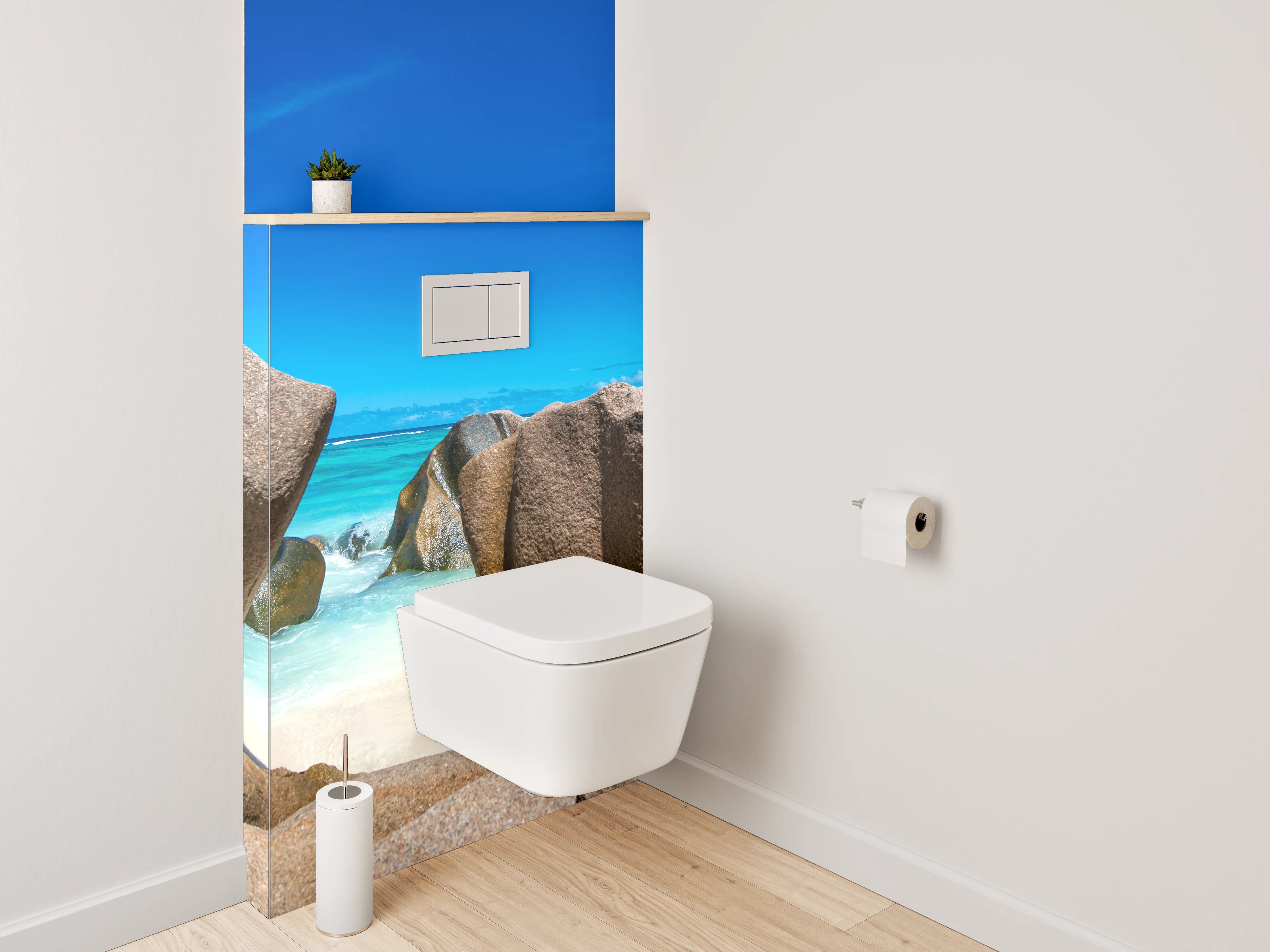 WC-Rückwand - Traumstrand mit Granitfelsen und blauem Himmel