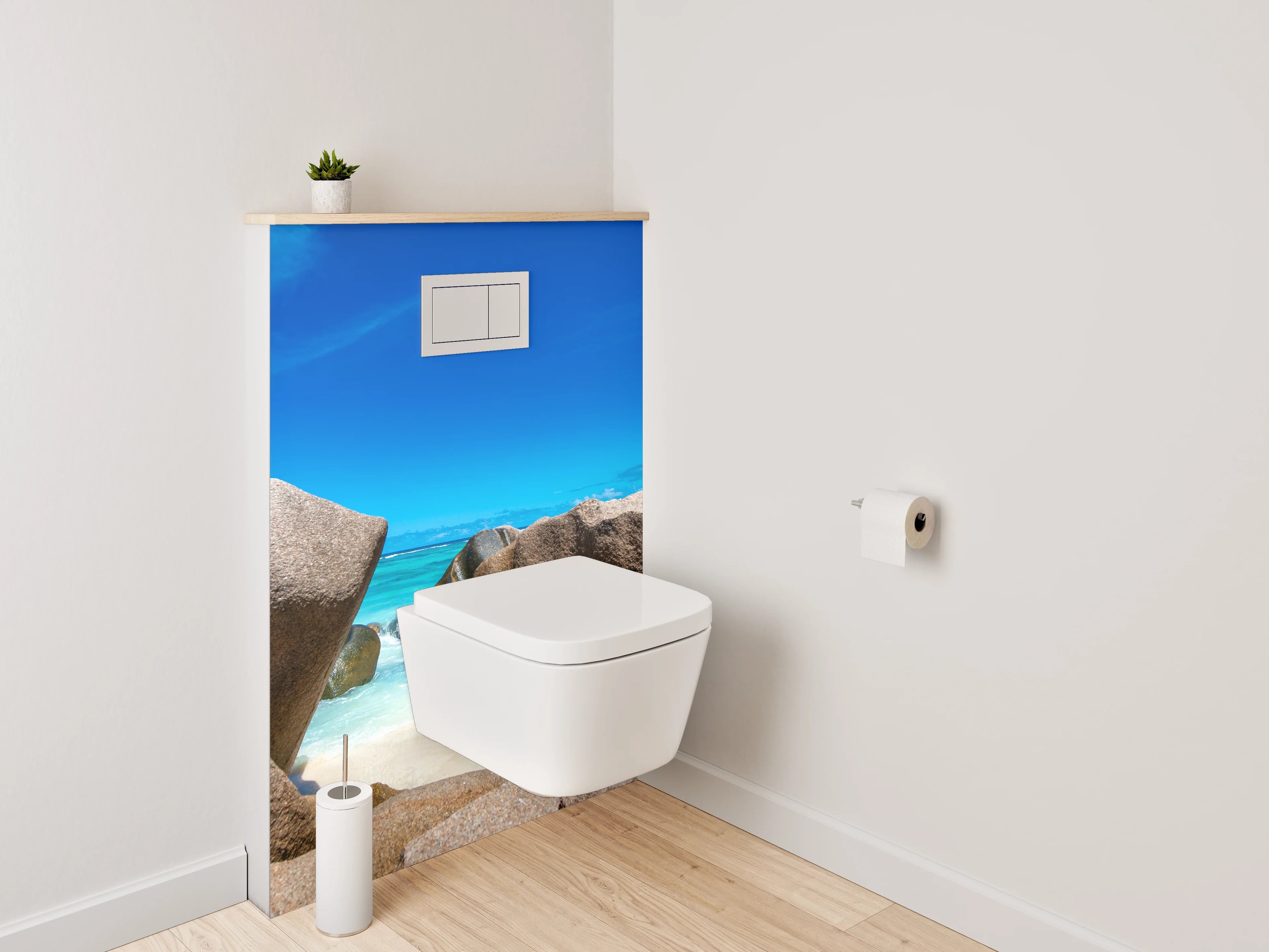 WC-Rückwand - Traumstrand mit Granitfelsen und blauem Himmel