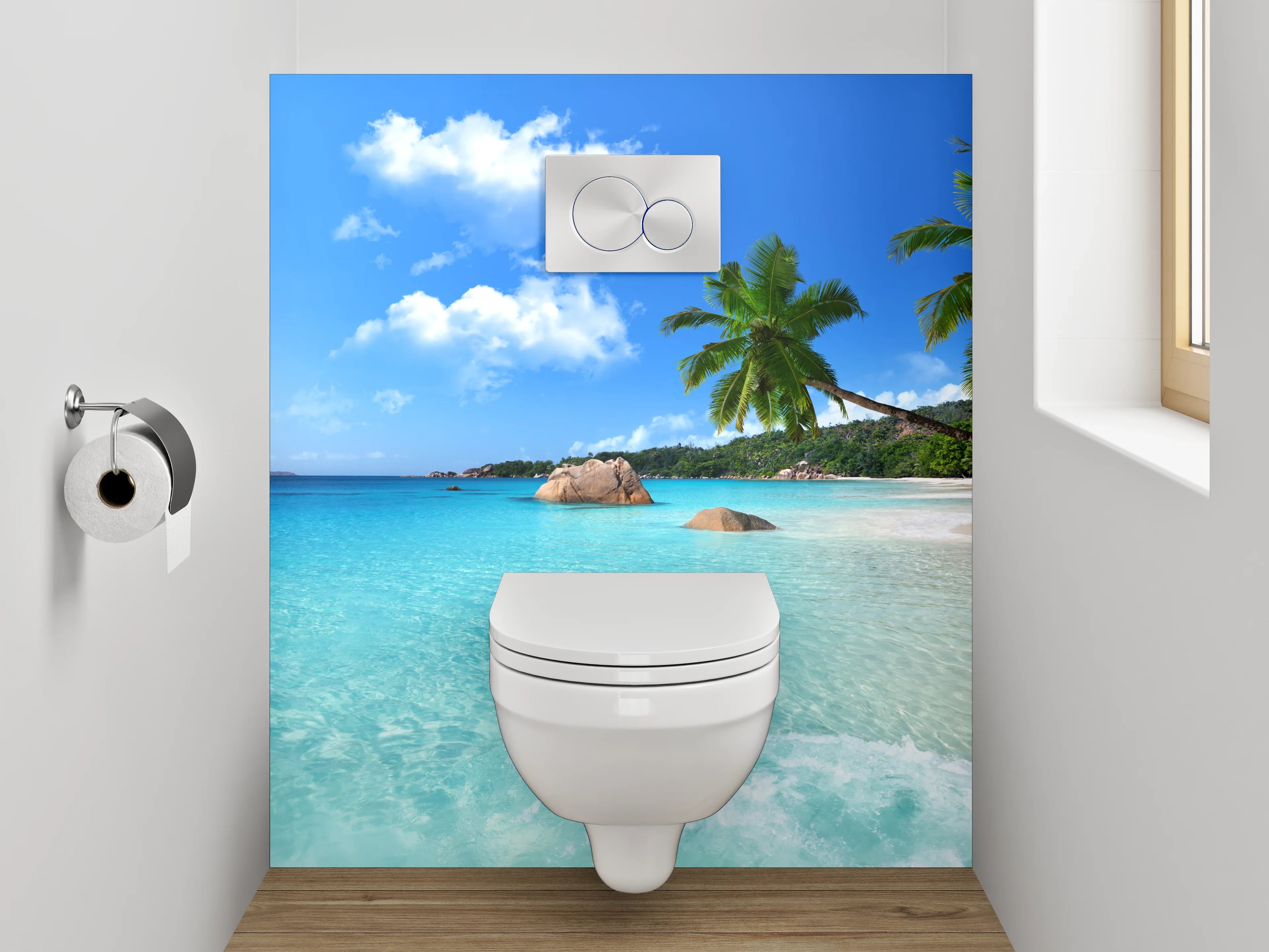 WC-Rückwand - Traumstrand mit Palmen und türkisblauem Meer