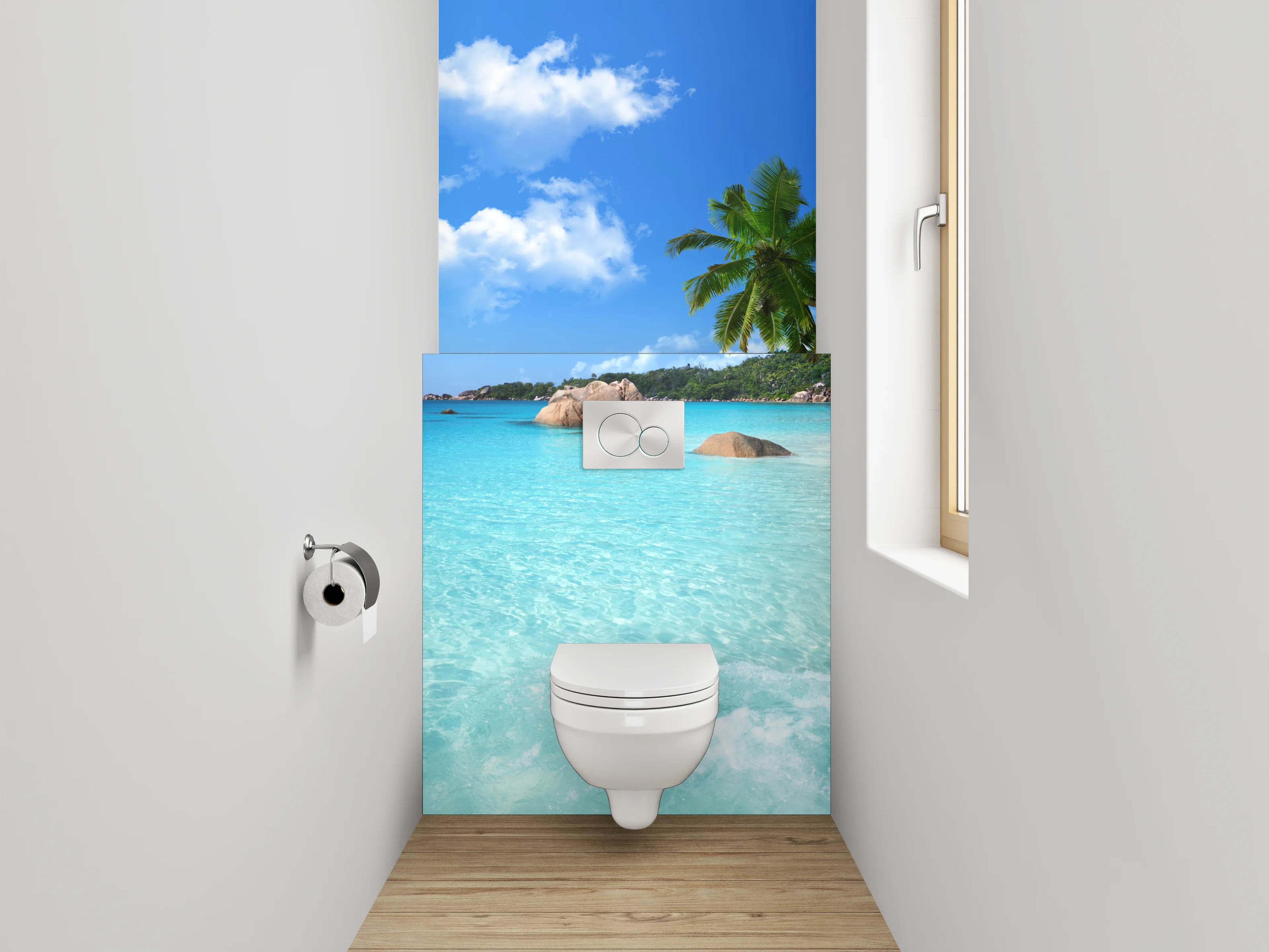 WC-Rückwand - Traumstrand mit Palmen und türkisblauem Meer