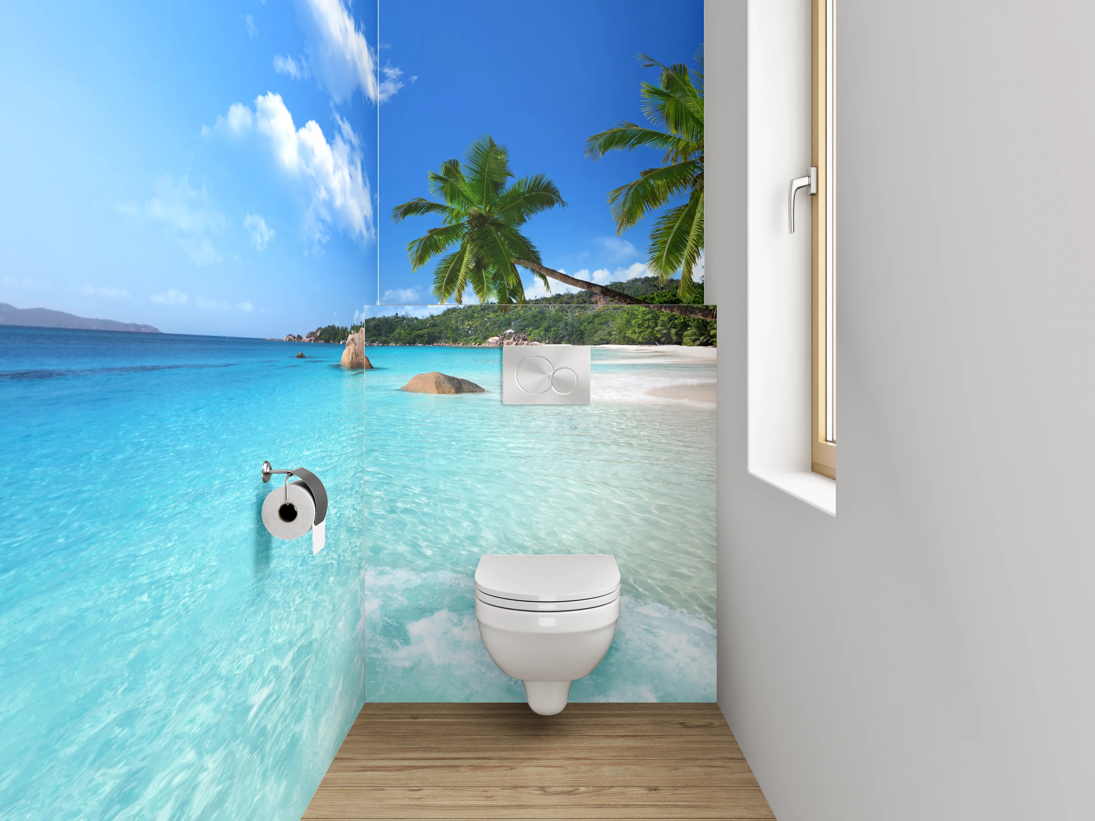 WC-Rückwand - Traumstrand mit Palmen und türkisblauem Meer