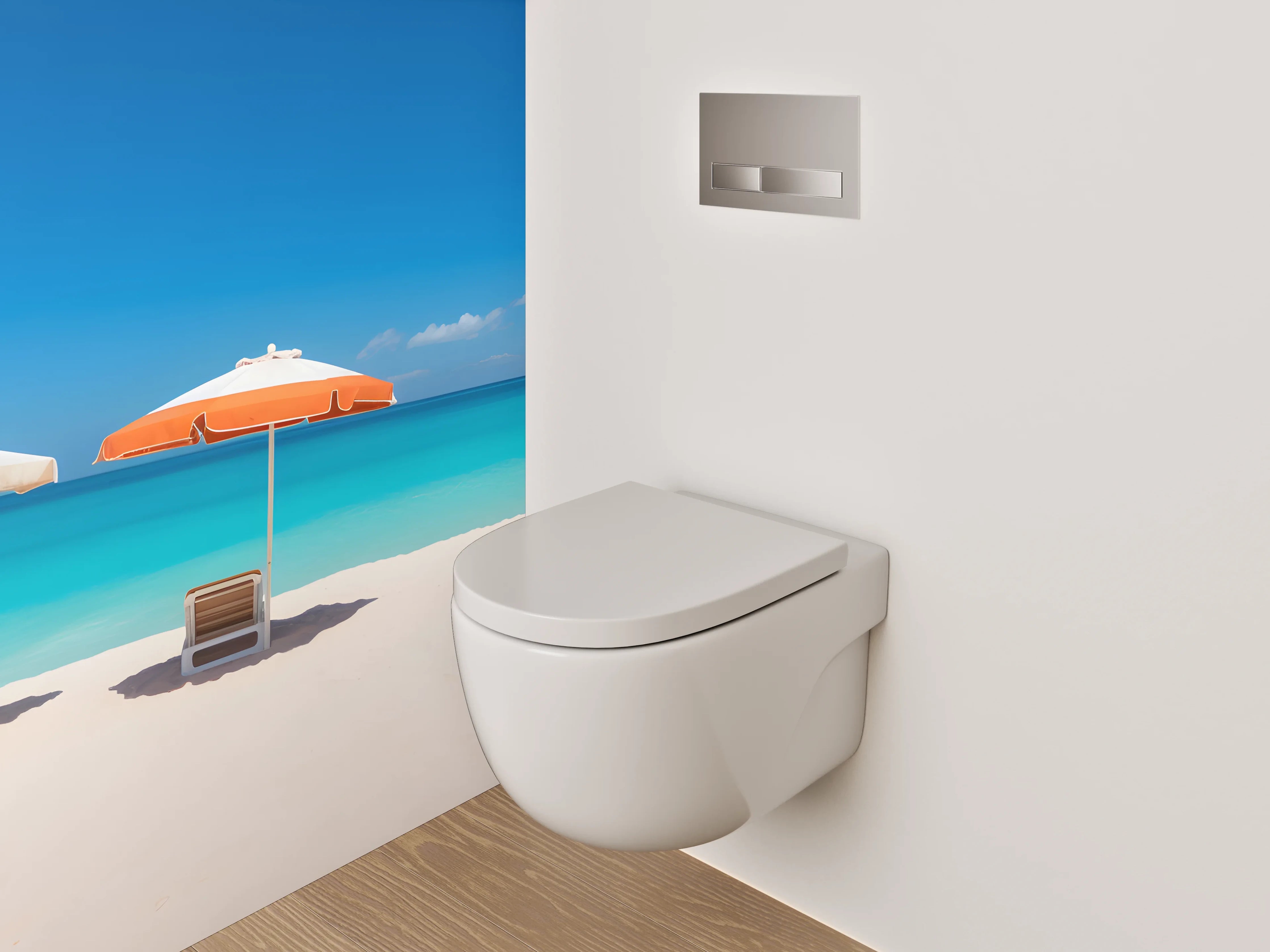 WC-Rückwand - Traumstrand mit blauen Sonnenschirmen