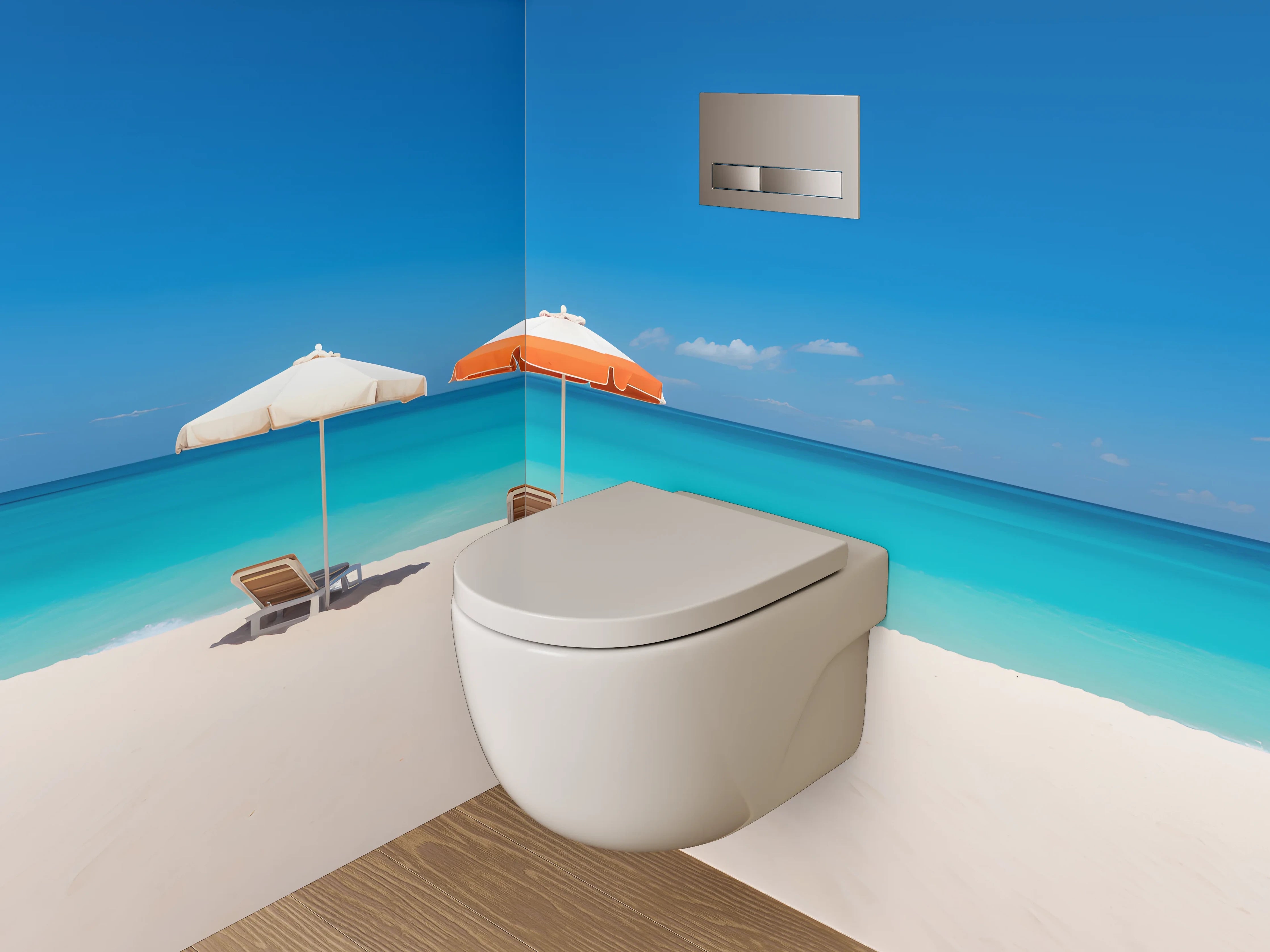 WC-Rückwand - Traumstrand mit blauen Sonnenschirmen