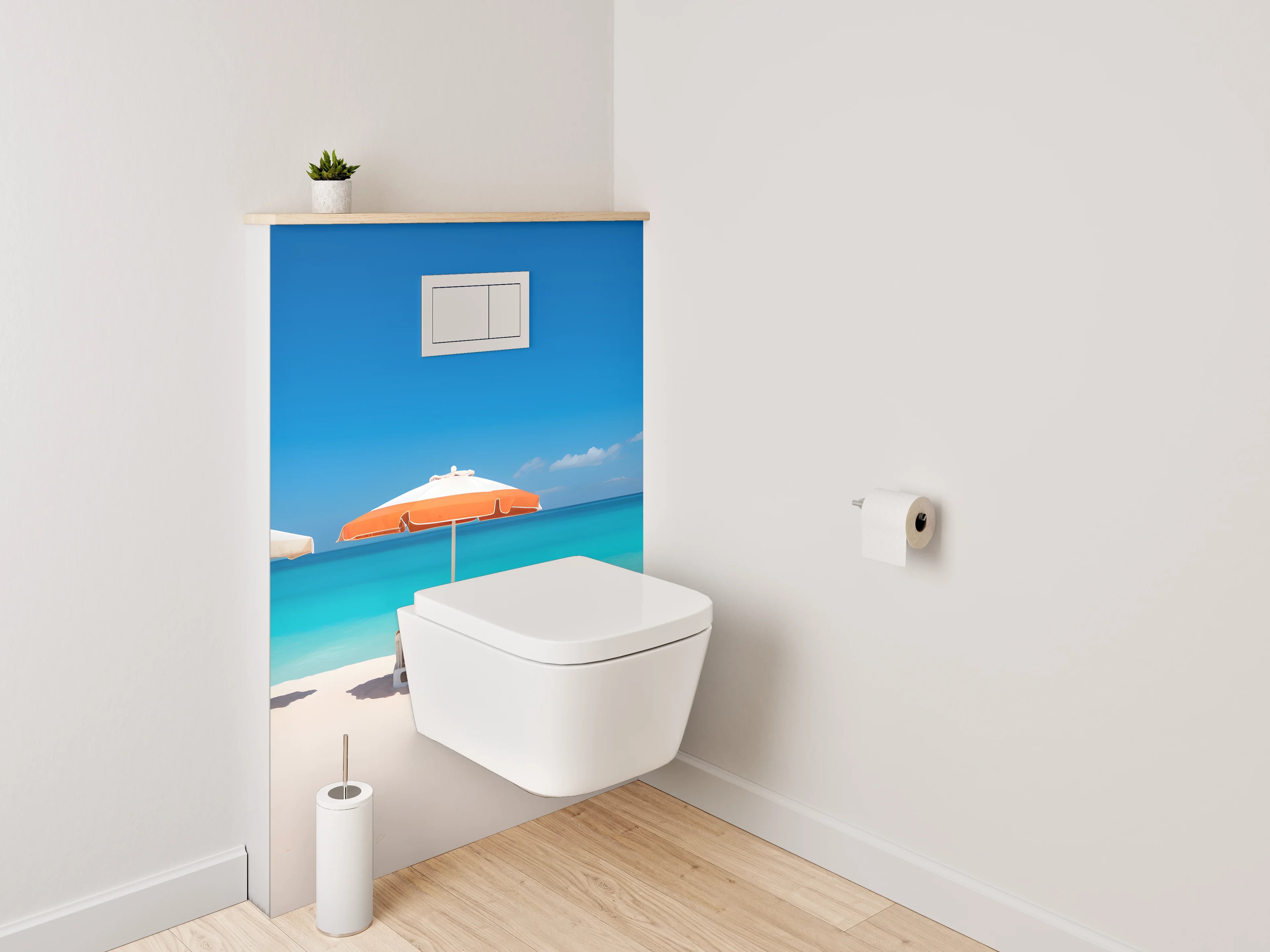 WC-Rückwand - Traumstrand mit blauen Sonnenschirmen