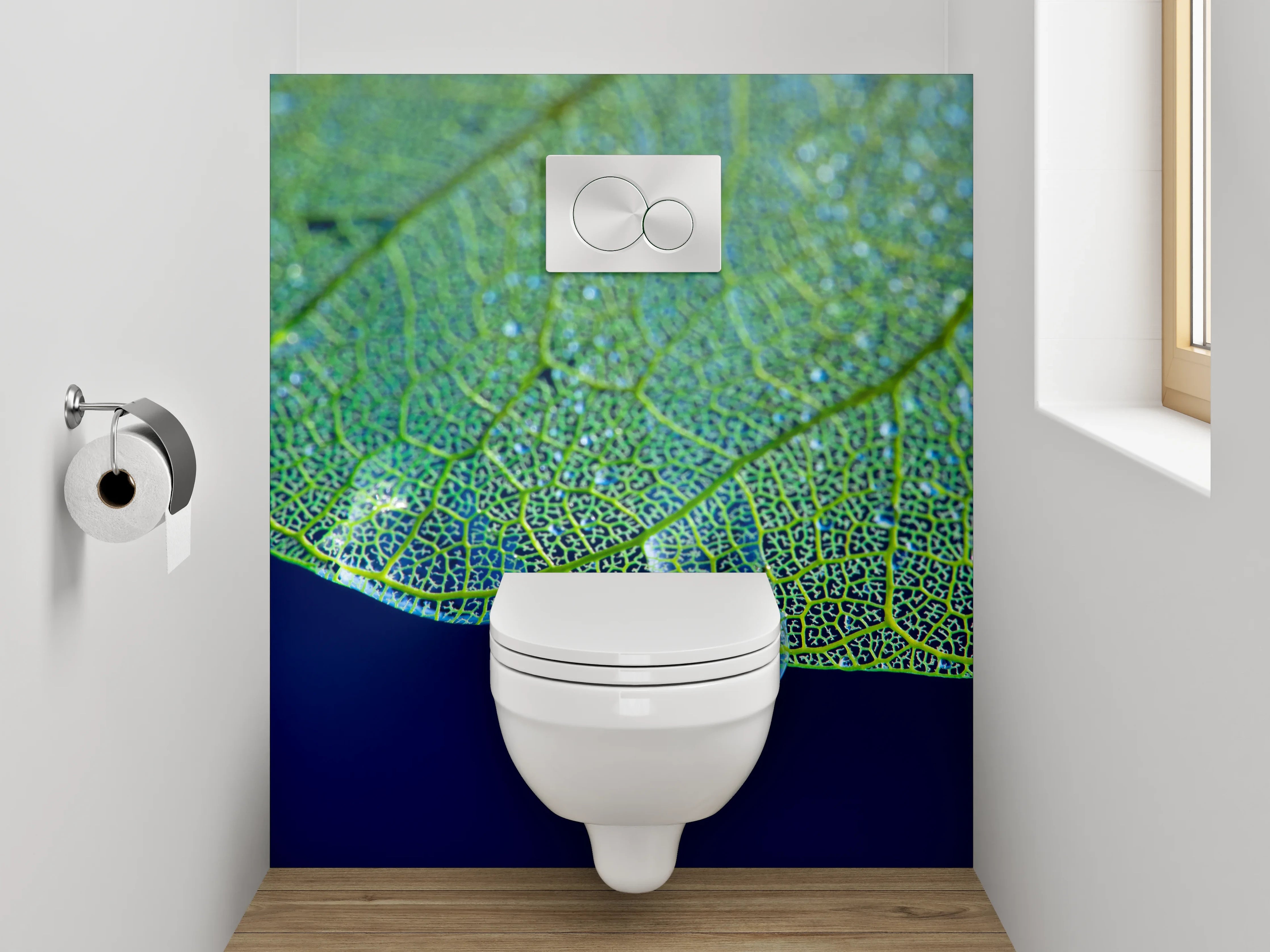 WC-Rückwand - Tropfender Wassertropfen an Blattstruktur
