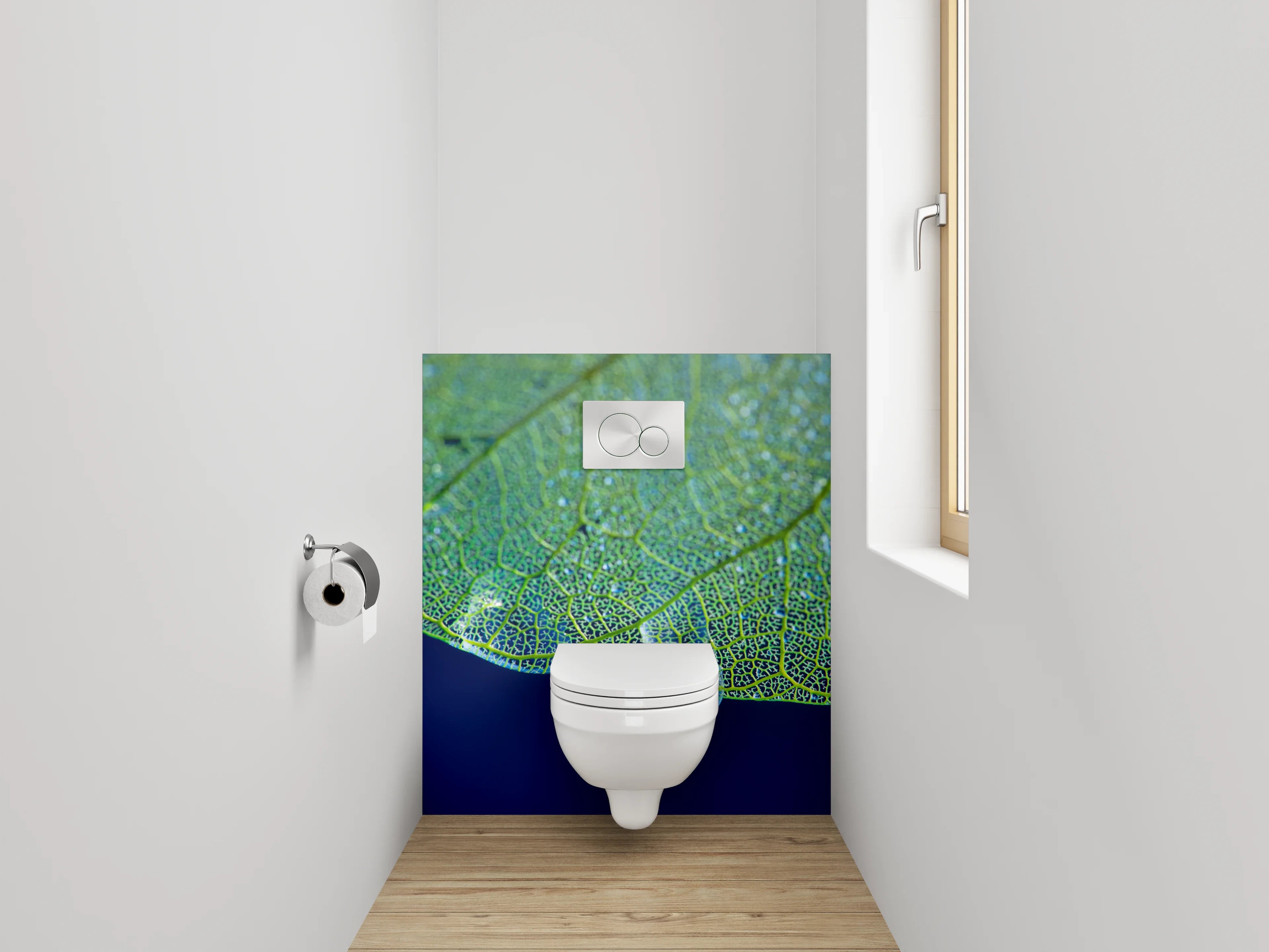 WC-Rückwand - Tropfender Wassertropfen an Blattstruktur