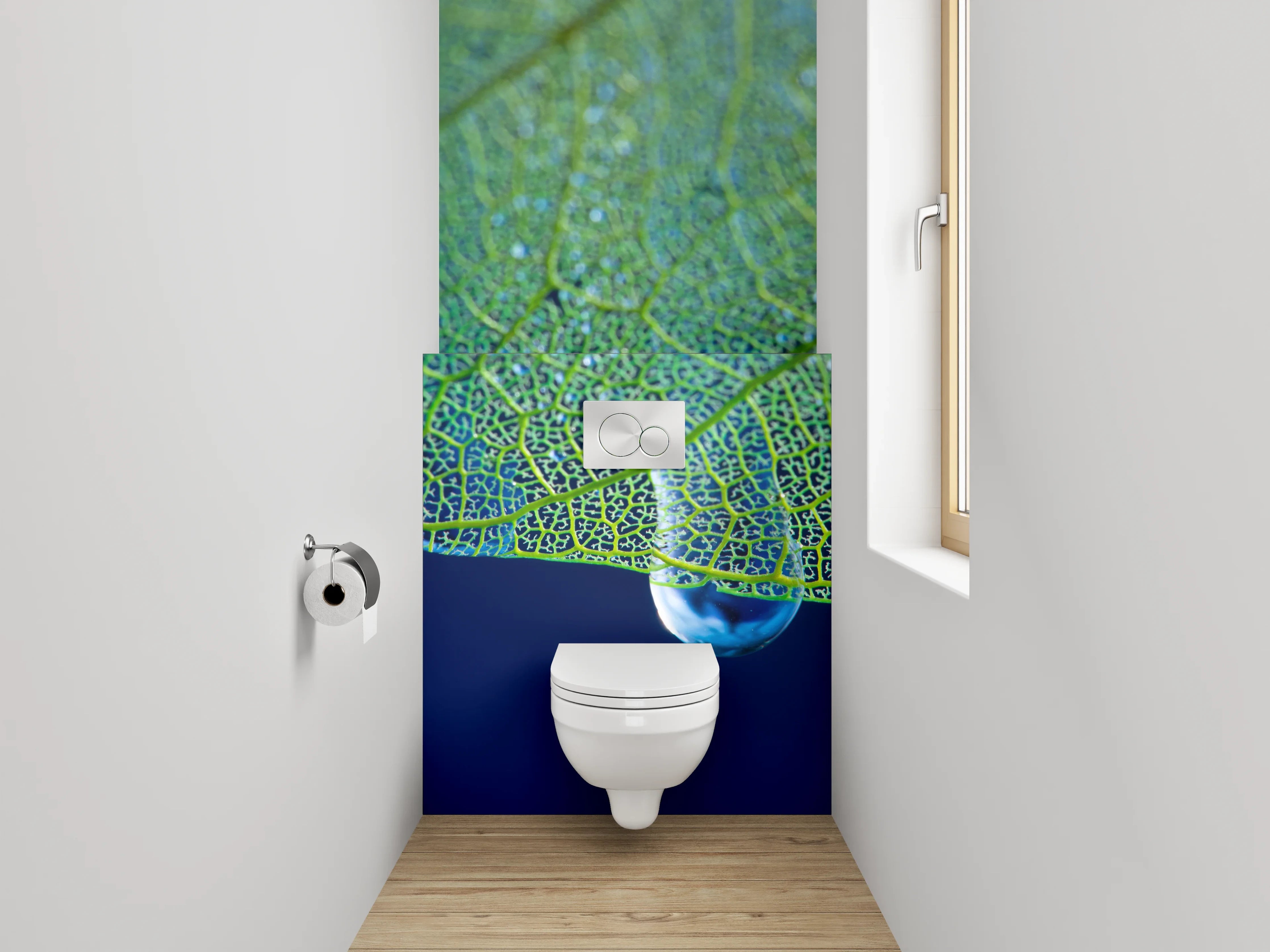 WC-Rückwand - Tropfender Wassertropfen an Blattstruktur