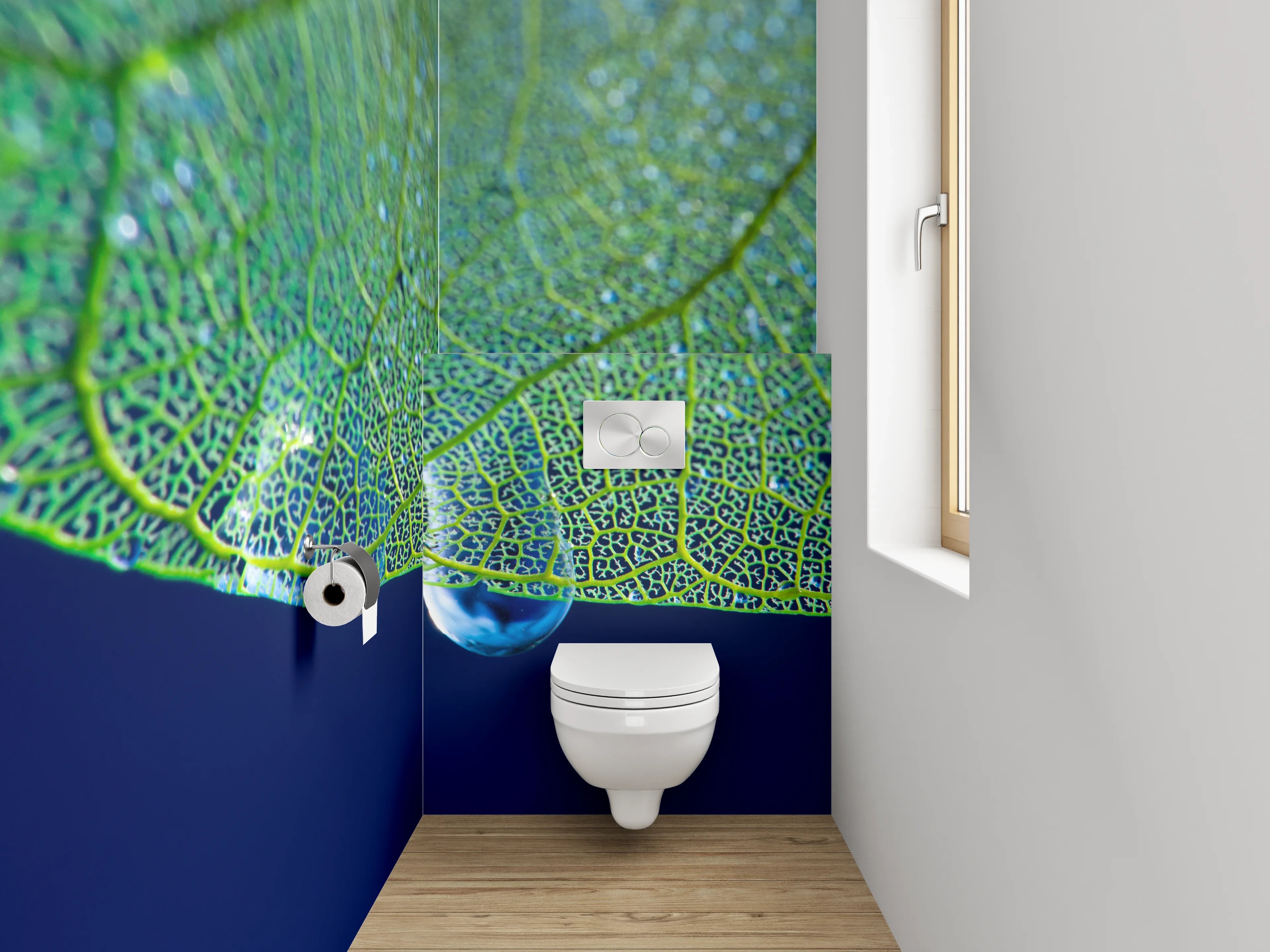 WC-Rückwand - Tropfender Wassertropfen an Blattstruktur