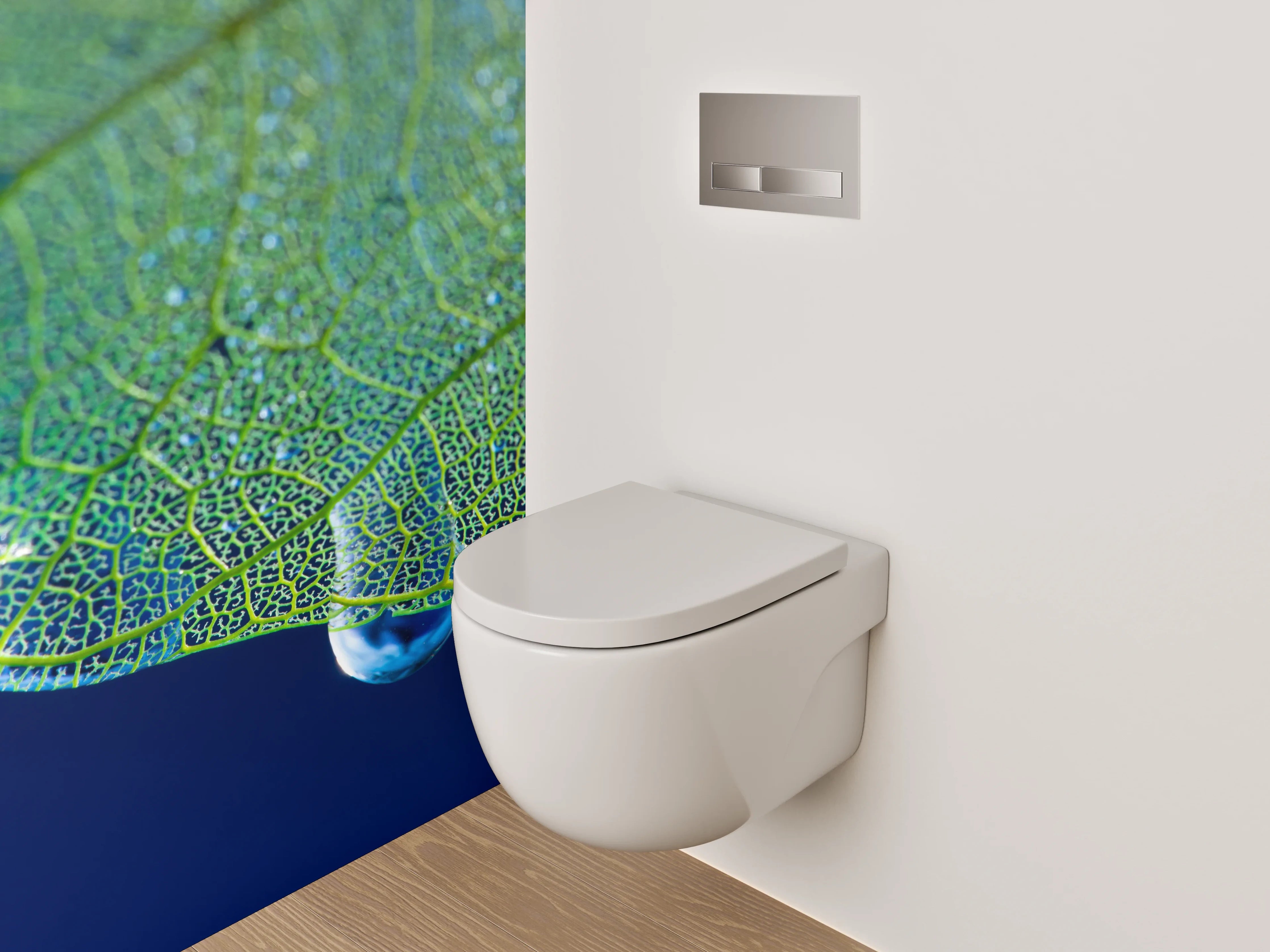 WC-Rückwand - Tropfender Wassertropfen an Blattstruktur