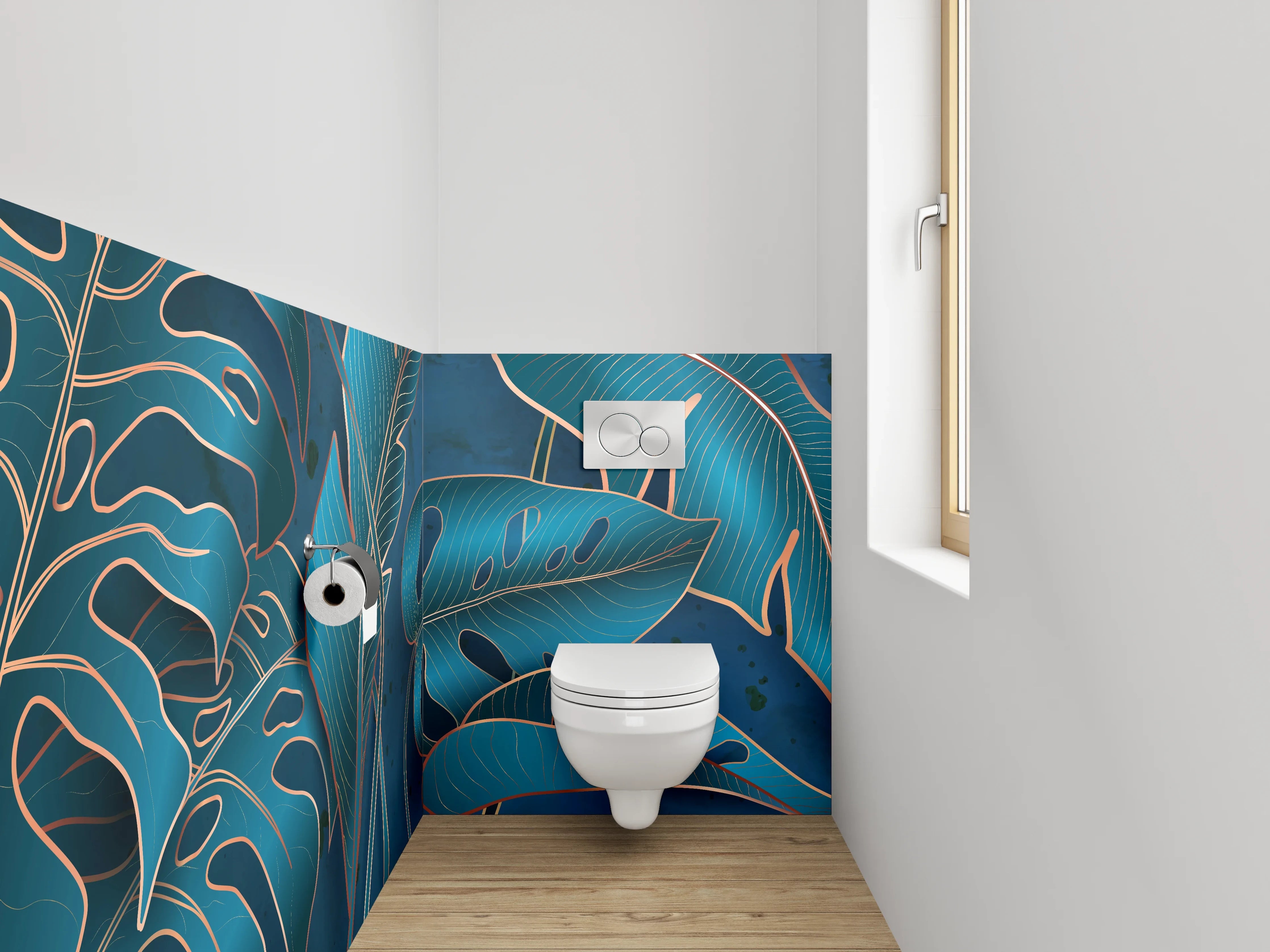 WC-Rückwand - Tropische Blätter Blau Illustration