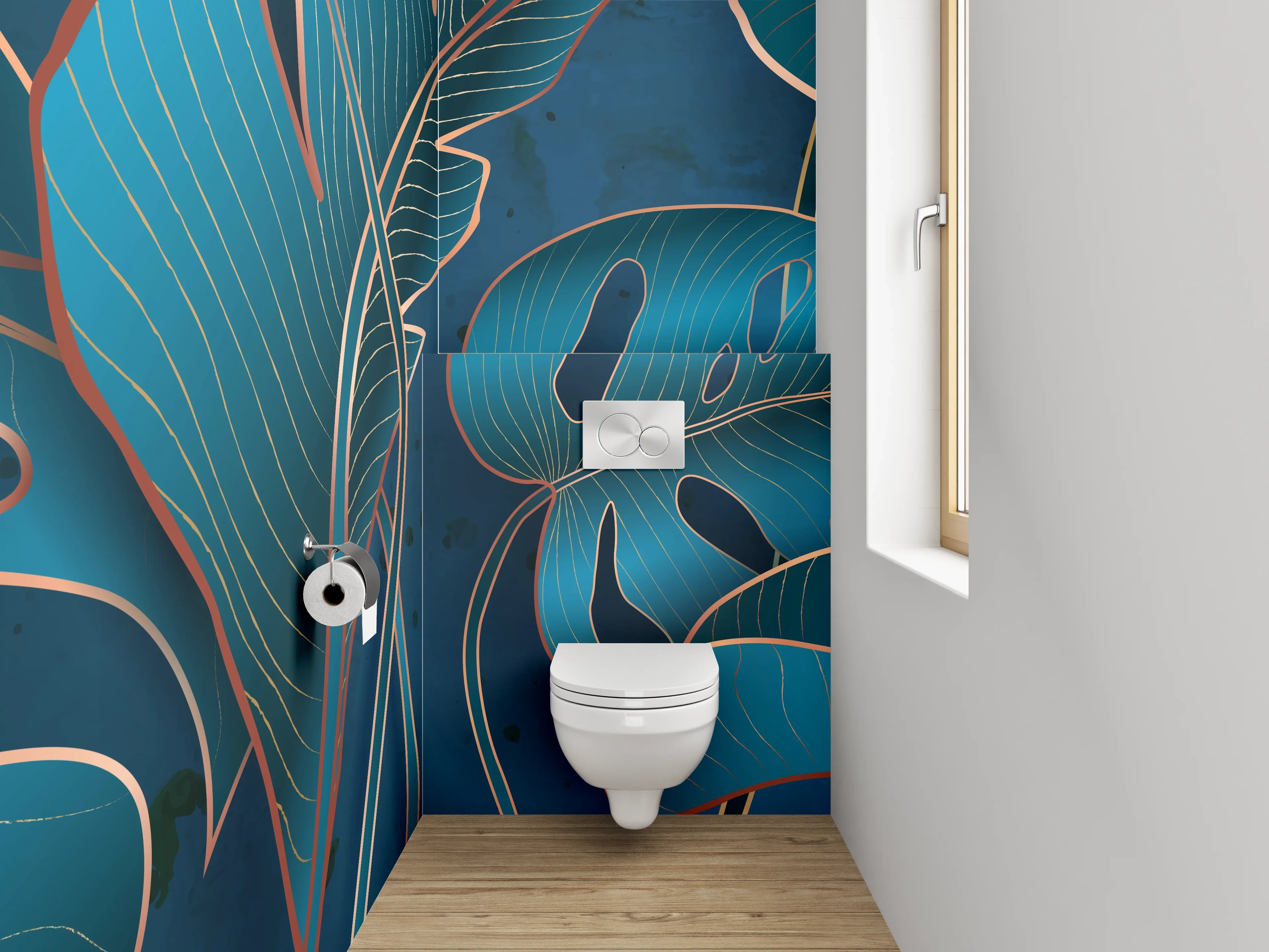 WC-Rückwand - Tropische Blätter Blau Illustration