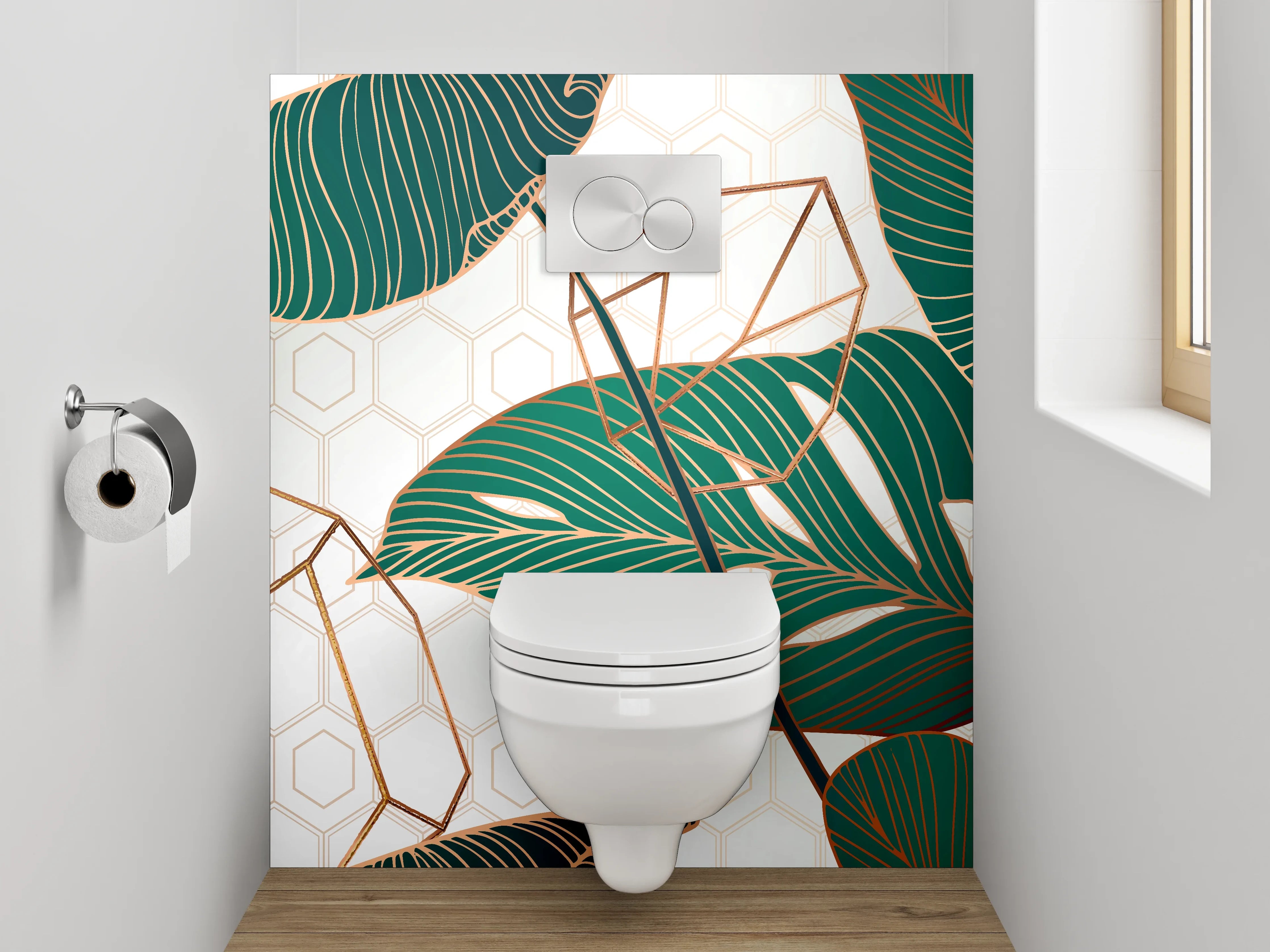 WC-Rückwand - Tropische Blätter Gold Geometrie
