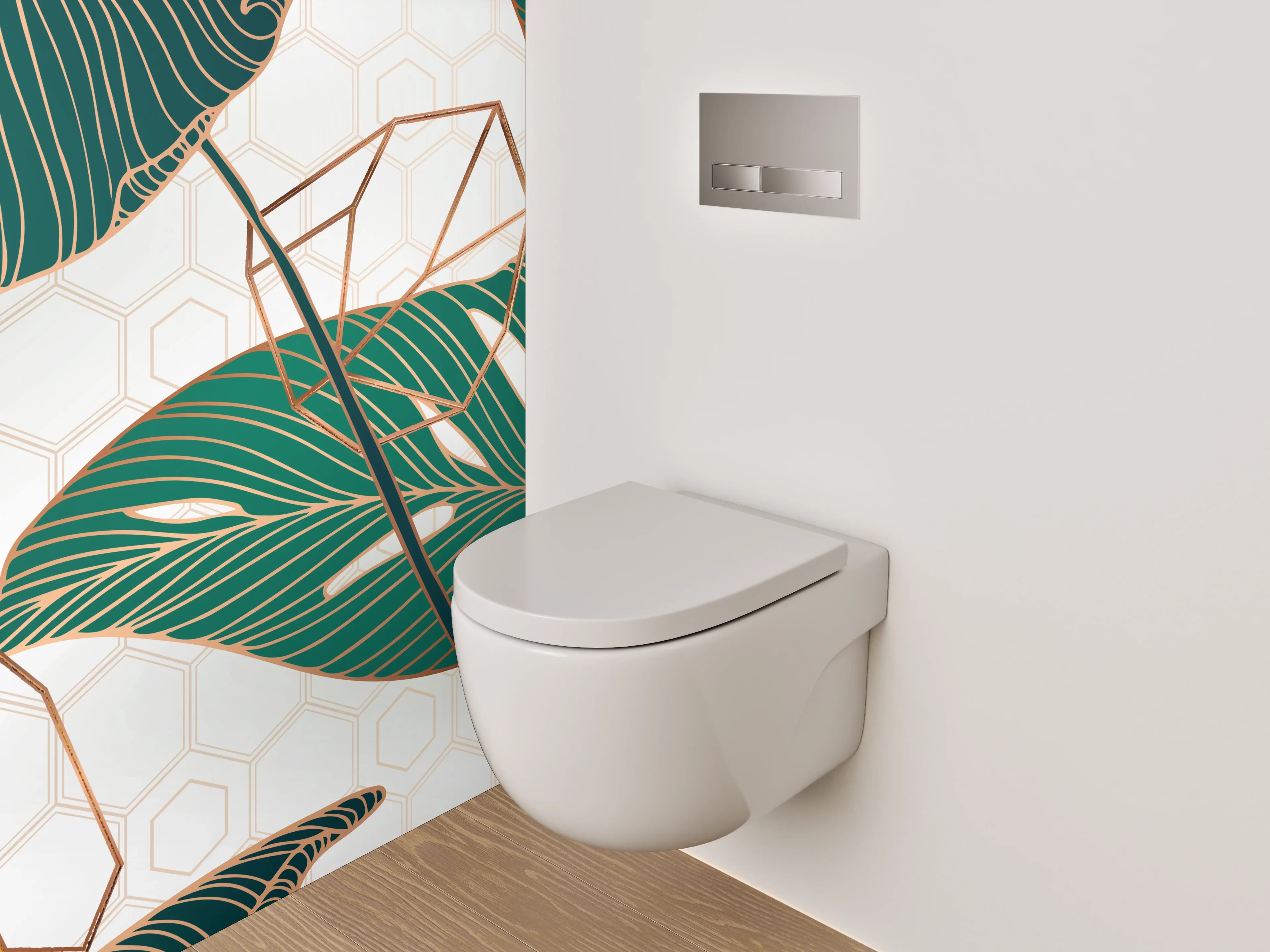 WC-Rückwand - Tropische Blätter Gold Geometrie