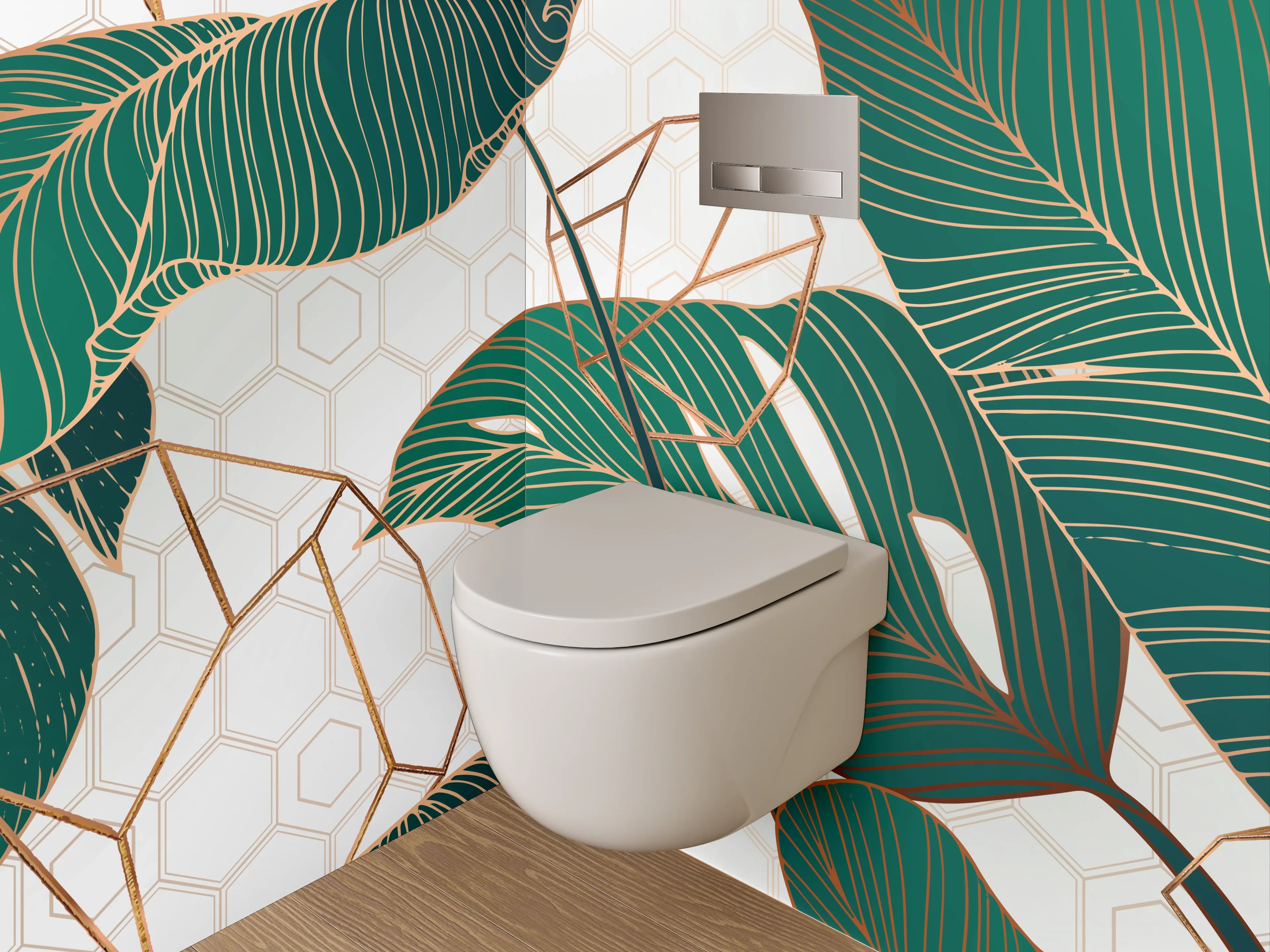 WC-Rückwand - Tropische Blätter Gold Geometrie