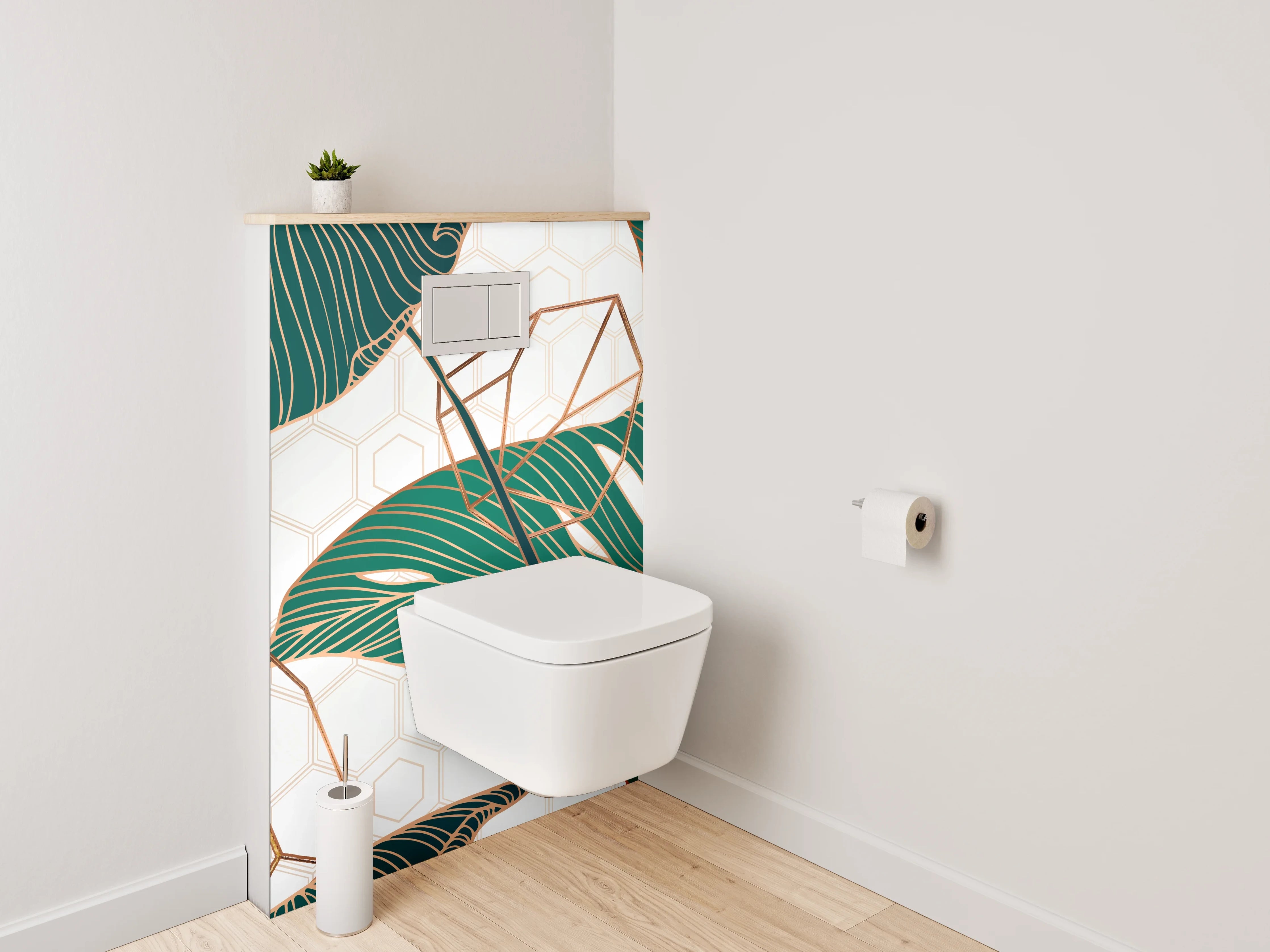 WC-Rückwand - Tropische Blätter Gold Geometrie