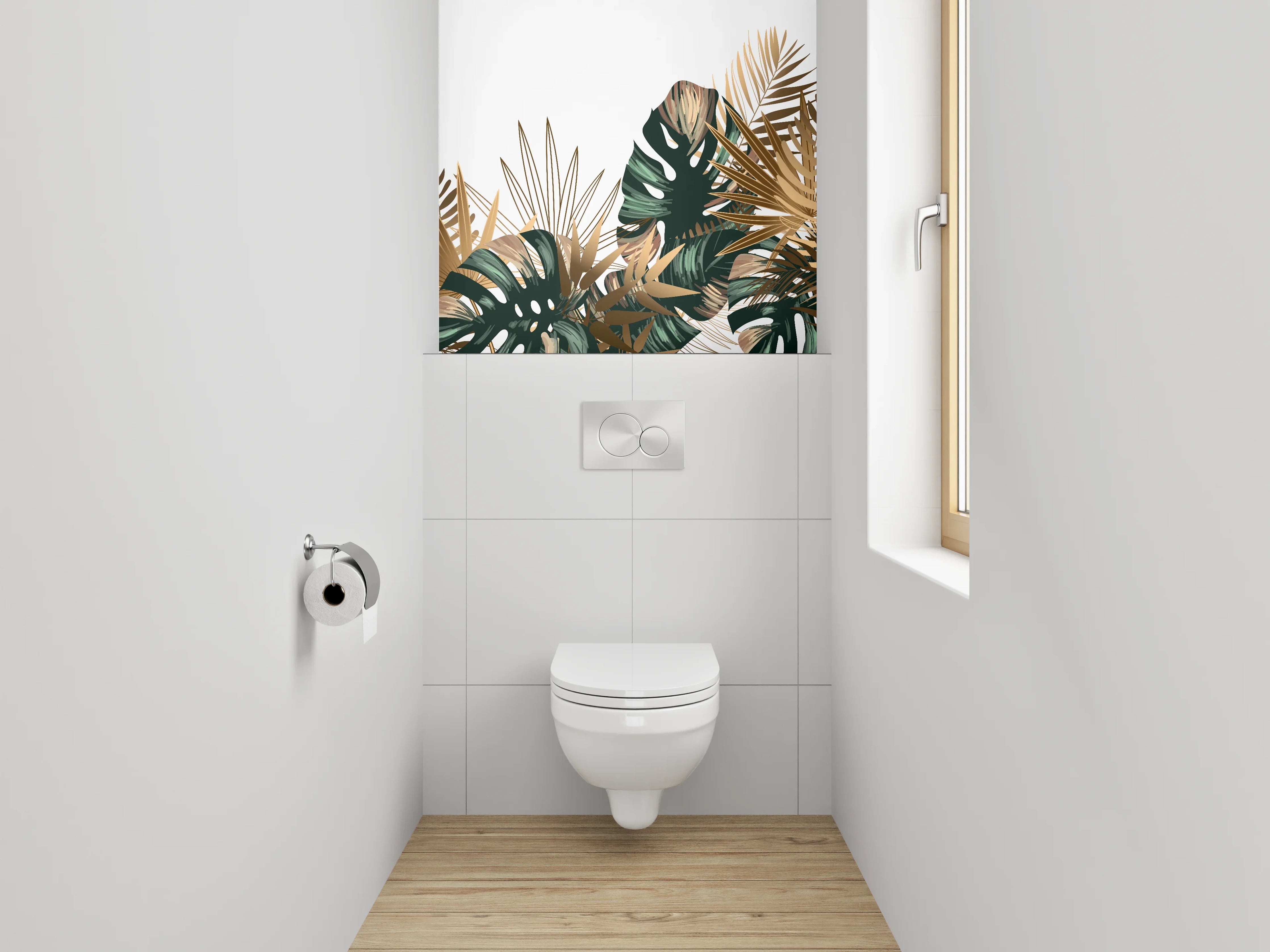 WC-Rückwand - Tropische Blätter Goldgrün Design
